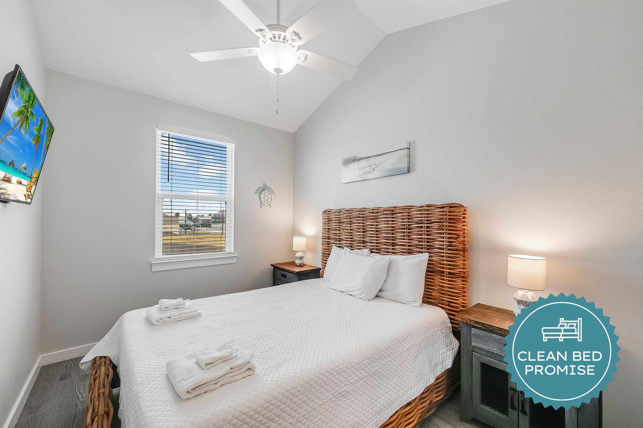 Sleep better at Padre Escapes with our exclusive Clean Bed Promise, providing fresh linens, comforters, and towels washed at high temperatures exceeding CDC recommendations, setting us apart for a truly restful vacation