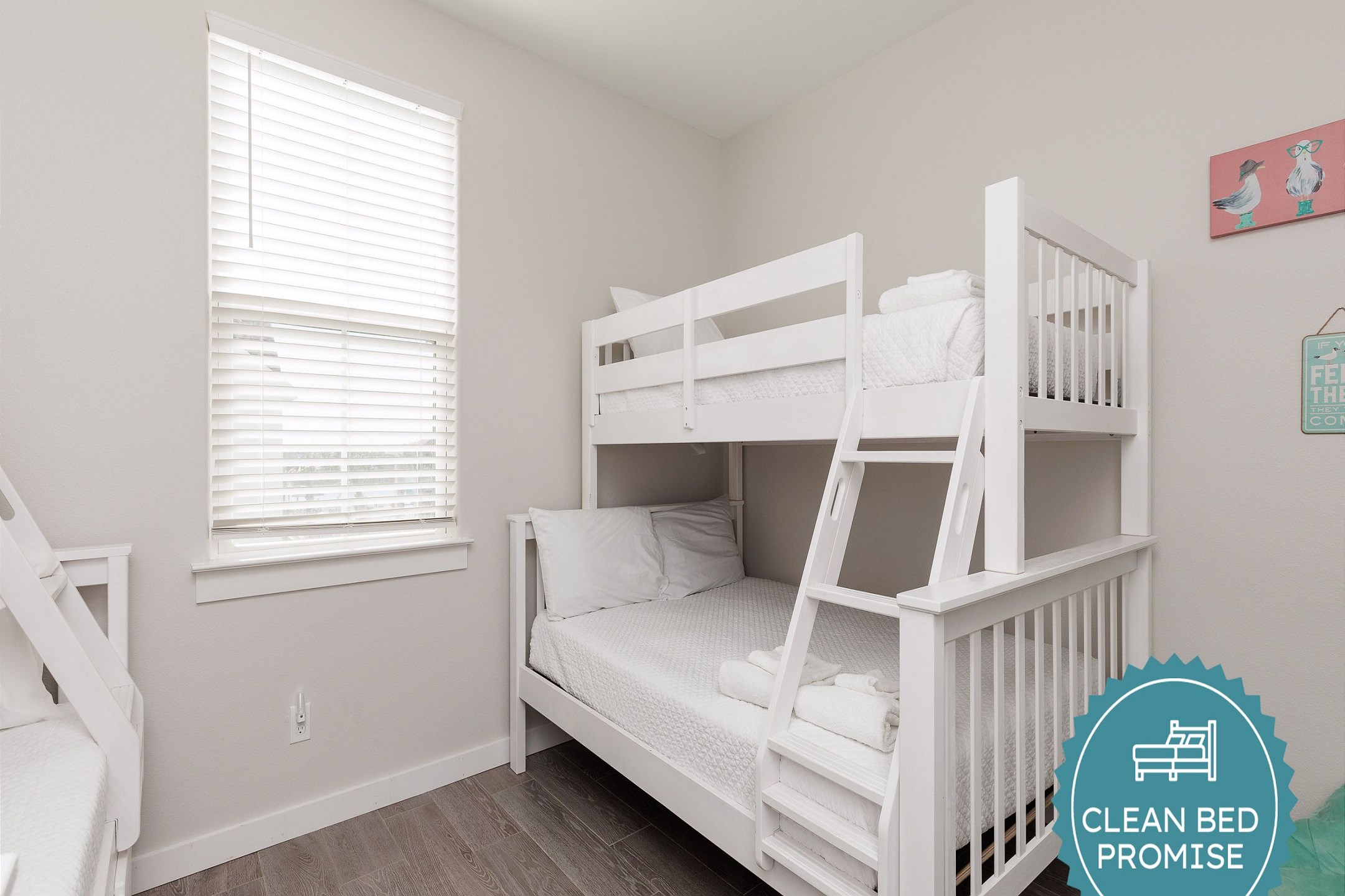 Sleep better at Padre Escapes with our exclusive Clean Bed Promise, providing fresh linens, comforters, and towels washed at high temperatures exceeding CDC recommendations, setting us apart for a truly restful vacation