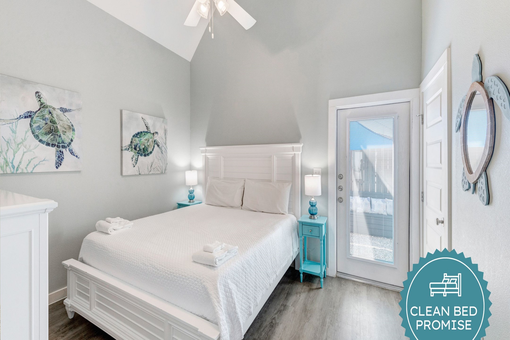 Sleep better at Padre Escapes with our exclusive Clean Bed Promise; providing fresh linens, comforters, and towels washed at high temperatures exceeding CDC recommendations, setting us apart for a truly restful vacation   