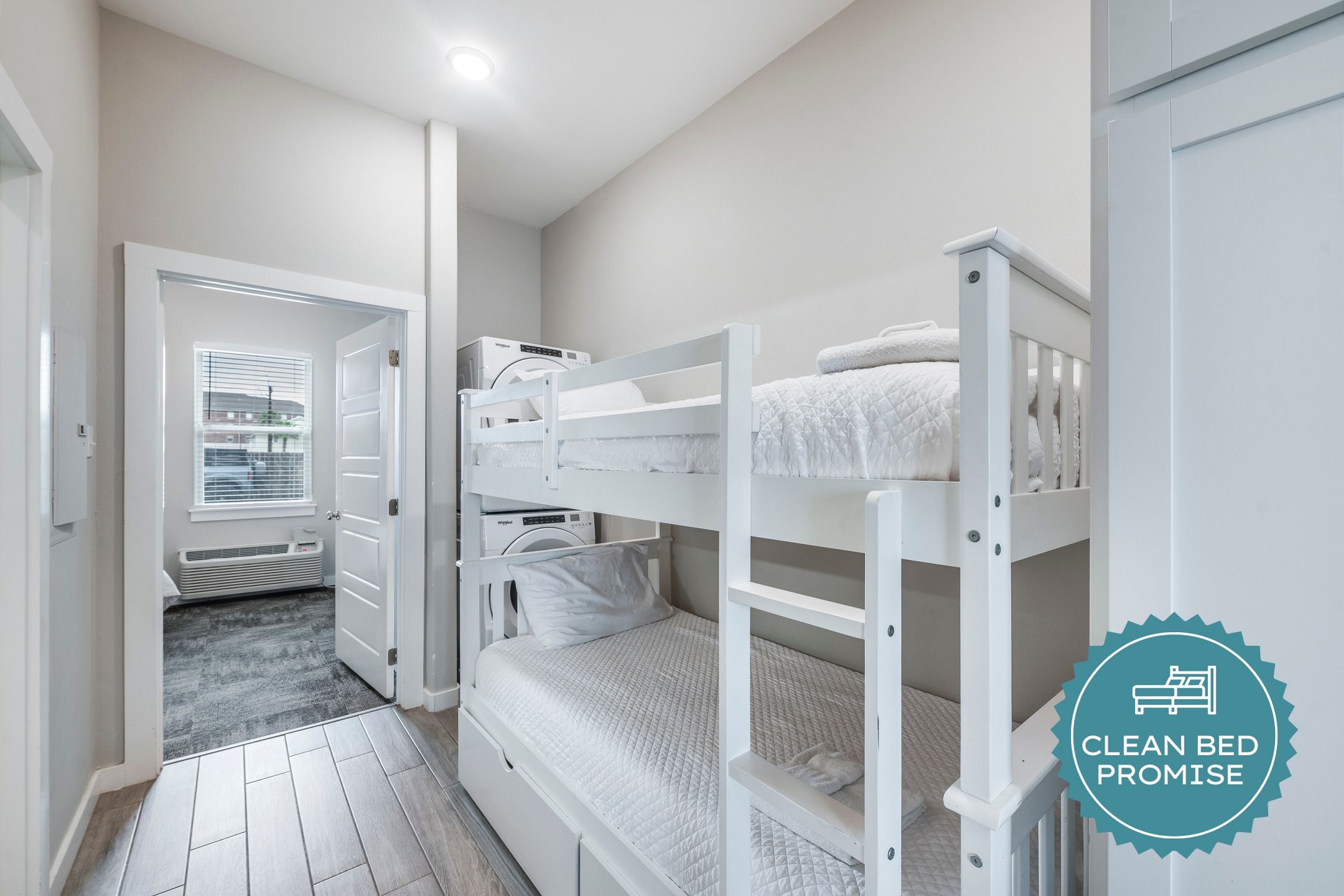 Sleep better at Padre Escapes with our exclusive Clean Bed Promise, providing fresh linens, comforters, and towels washed at high temperatures exceeding CDC recommendations, setting us apart for a truly restful vacation 
