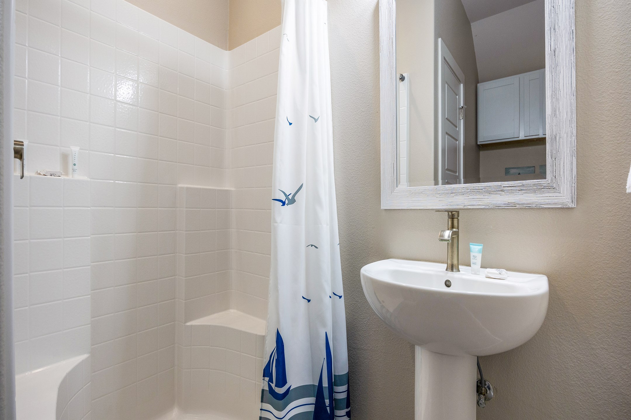 Guest bathroom on the first floor with a walk in shower 