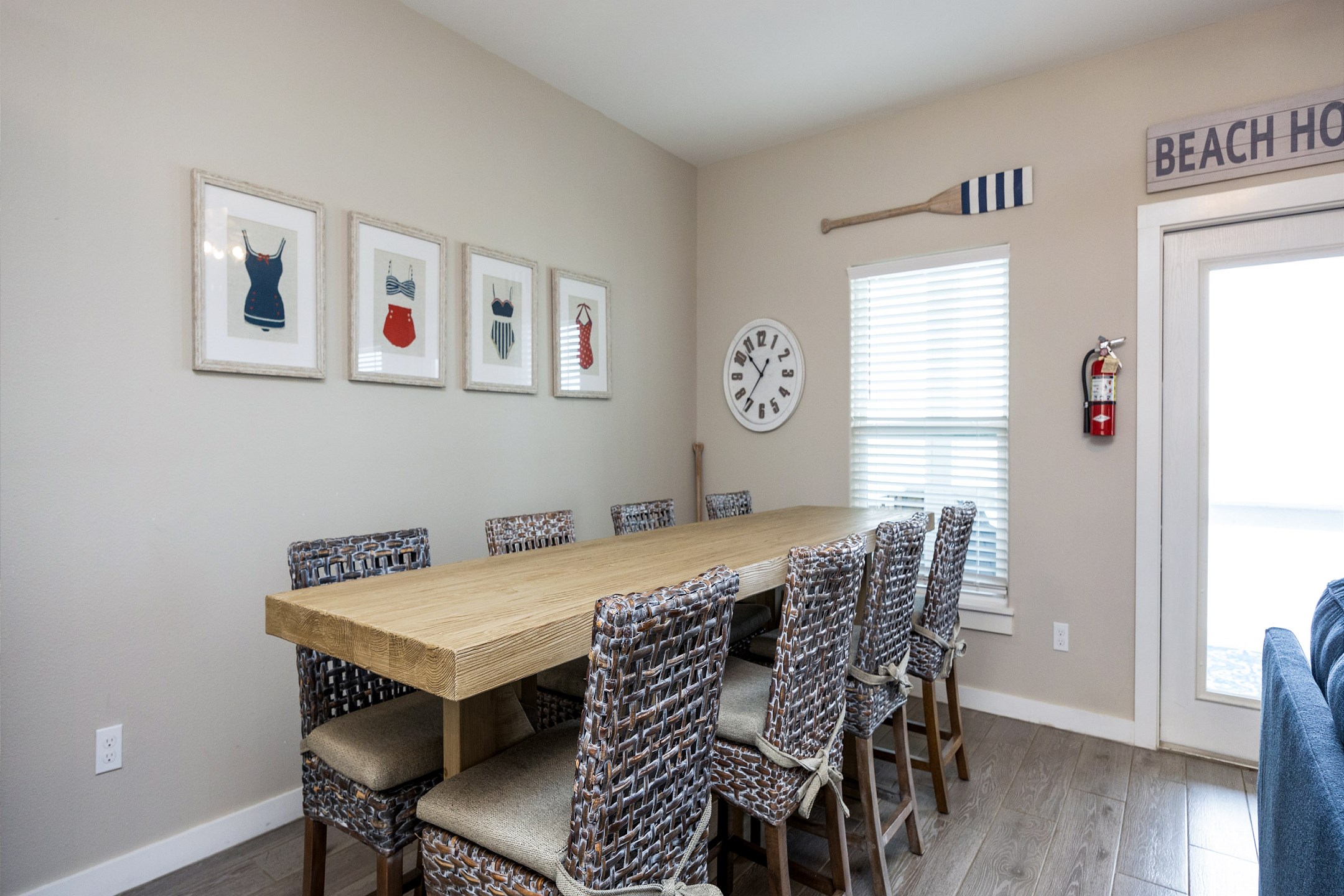 Dining area with beach decor and ample seating