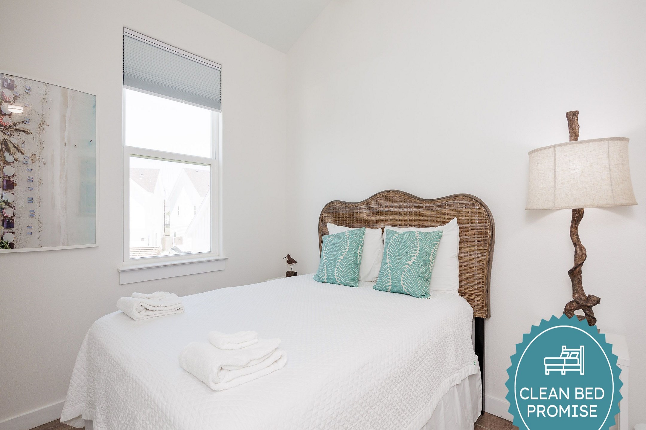 Sleep better at Padre Escapes with our exclusive Clean Bed Promise; providing fresh linens, comforters, and towels washed at high temperatures exceeding CDC recommendations, setting us apart for a truly restful vacation