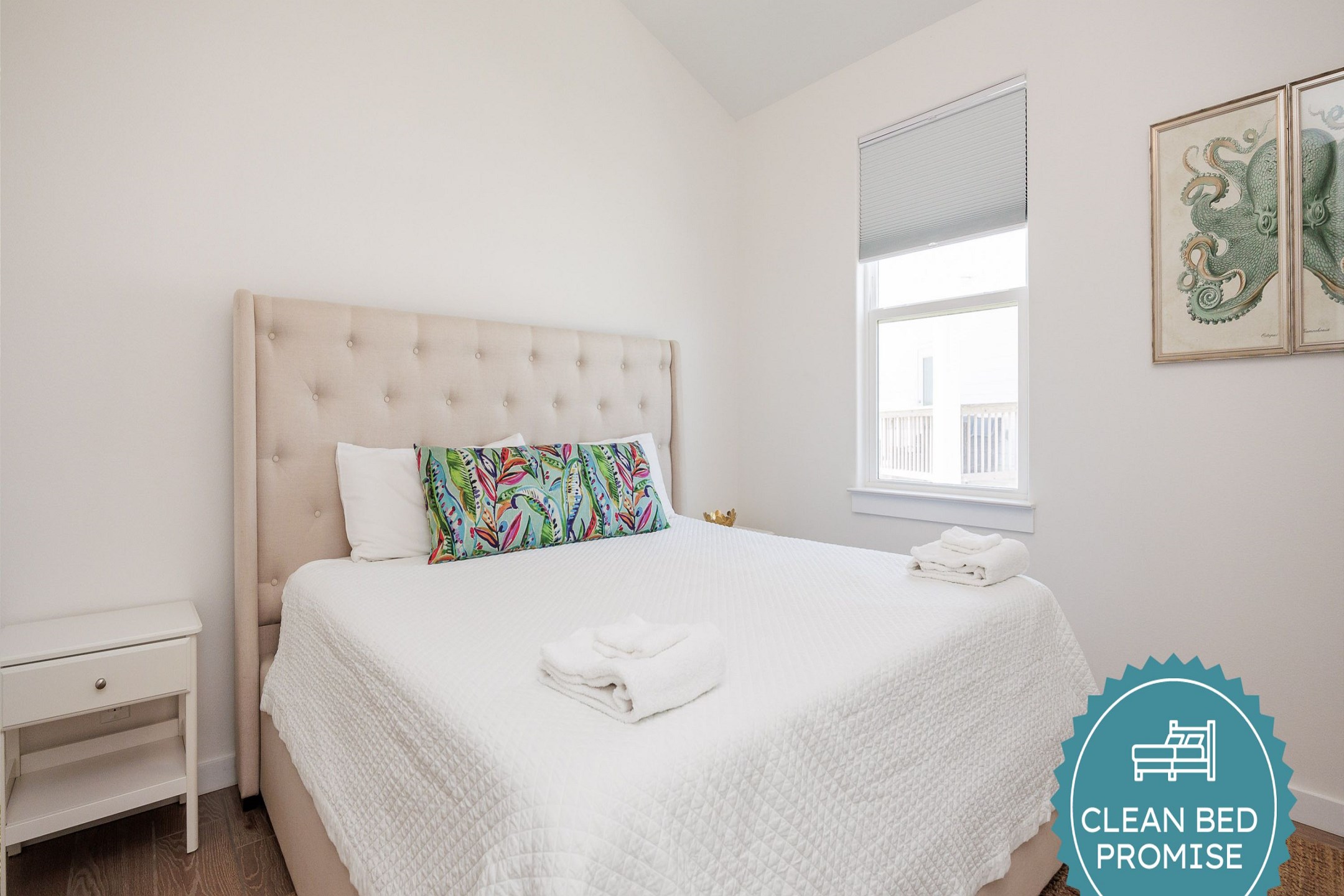 Sleep better at Padre Escapes with our exclusive Clean Bed Promise; providing fresh linens, comforters, and towels washed at high temperatures exceeding CDC recommendations, setting us apart for a truly restful vacation