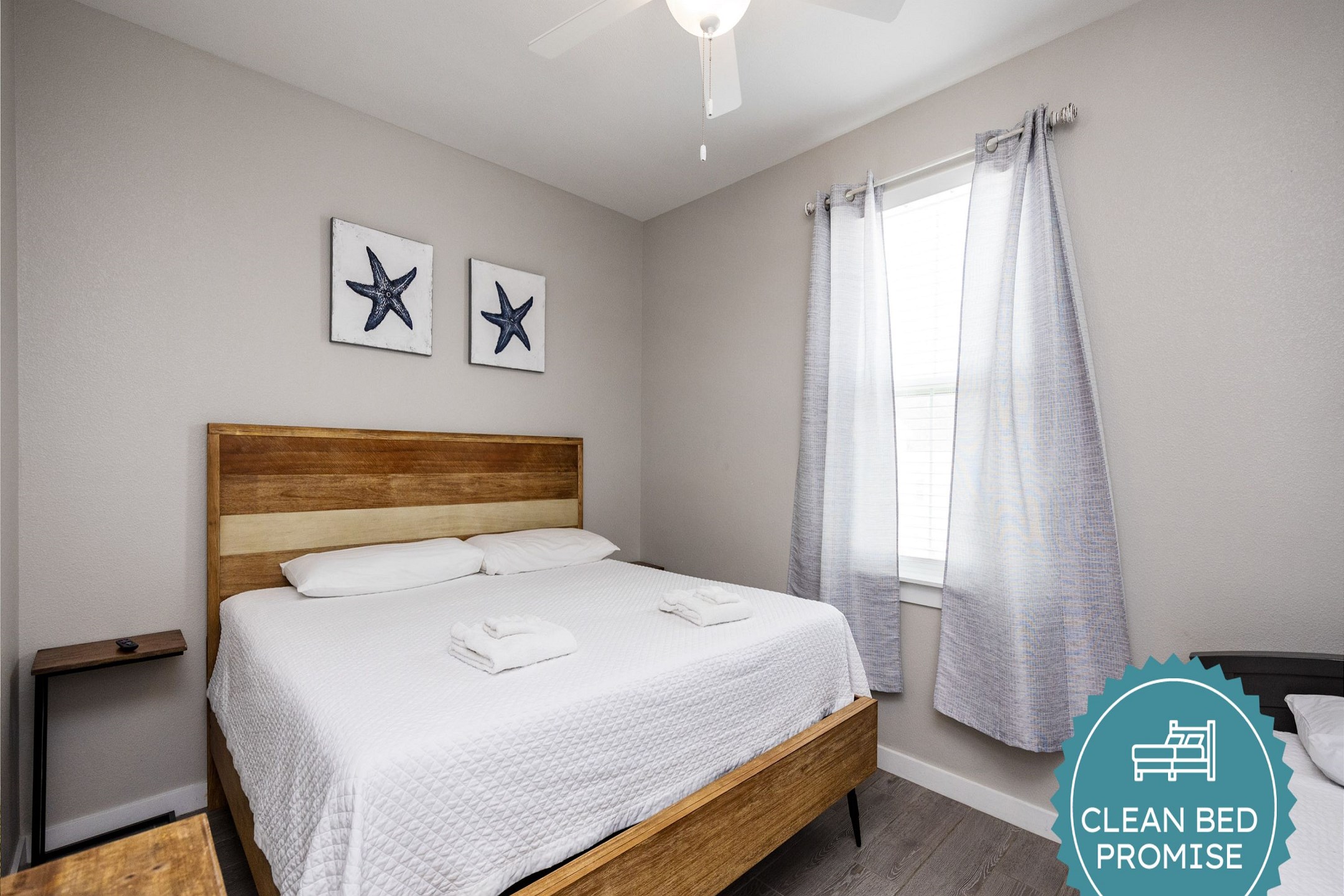 Sleep better at Padre Escapes with our exclusive Clean Bed Promise, providing fresh linens, comforters, and towels washed at high temperatures exceeding CDC recommendations, setting us apart for a truly restful vacation