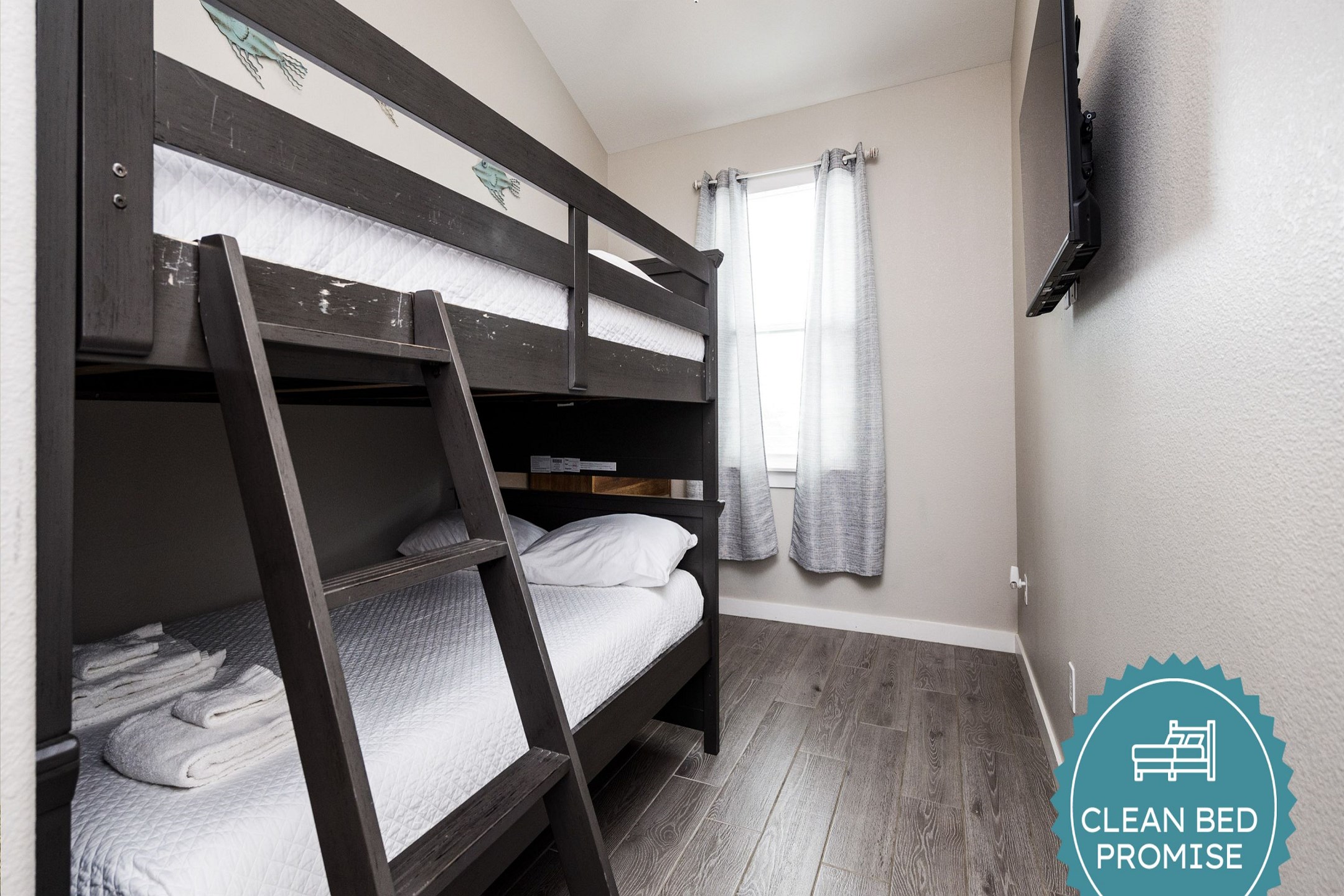 Sleep better at Padre Escapes with our exclusive Clean Bed Promise, providing fresh linens, comforters, and towels washed at high temperatures exceeding CDC recommendations, setting us apart for a truly restful vacation