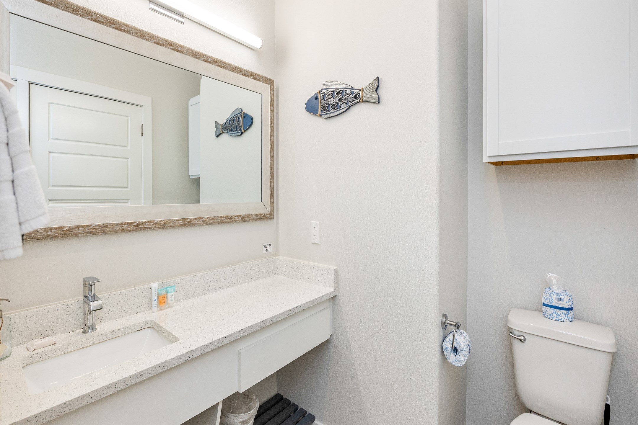 Guest bathroom with sink, toilet, and walk-in shower