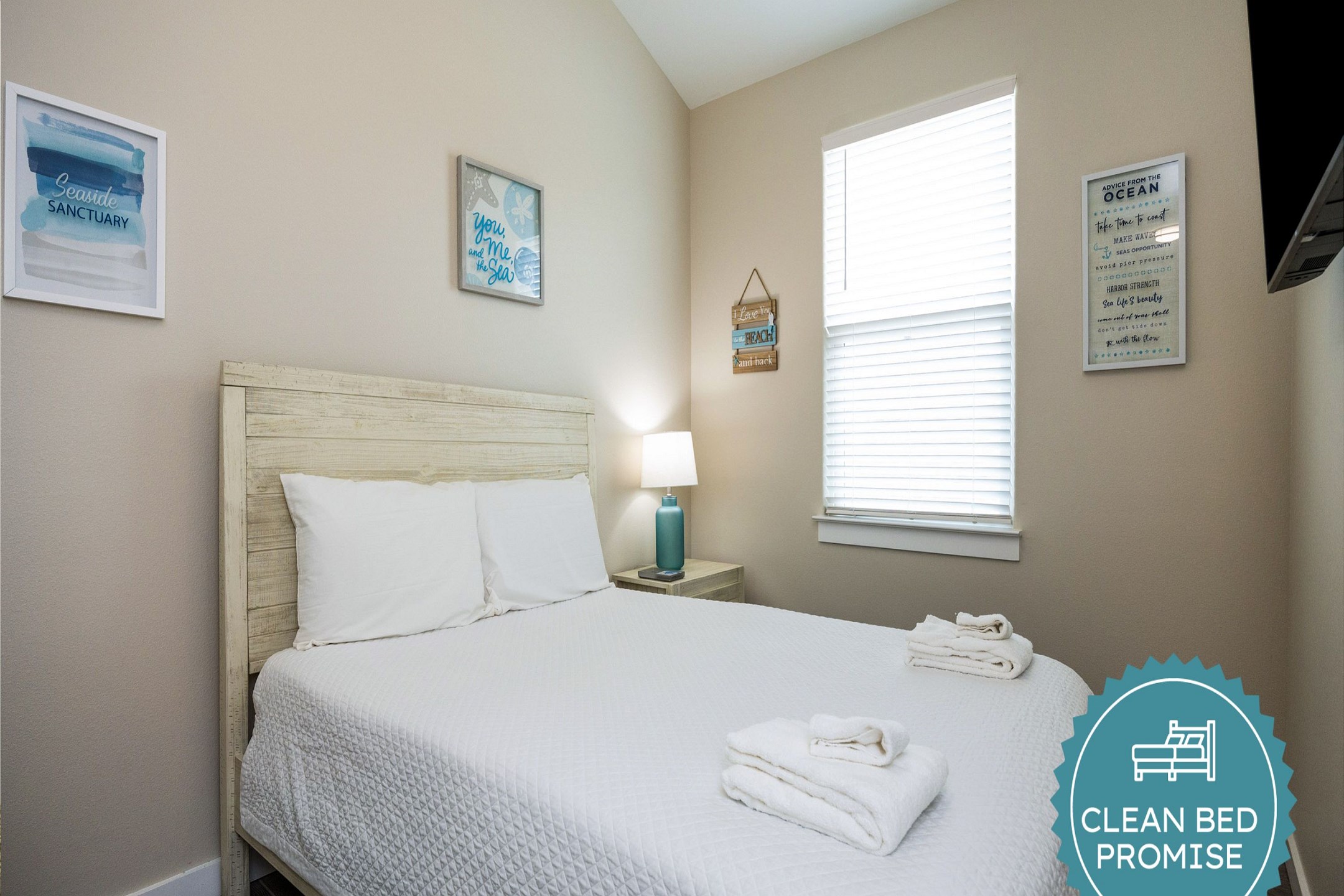 Sleep better at Padre Escapes with our exclusive Clean Bed Promise; providing fresh linens, comforters, and towels washed at high temperatures exceeding CDC recommendations, setting us apart for a truly restful vacation