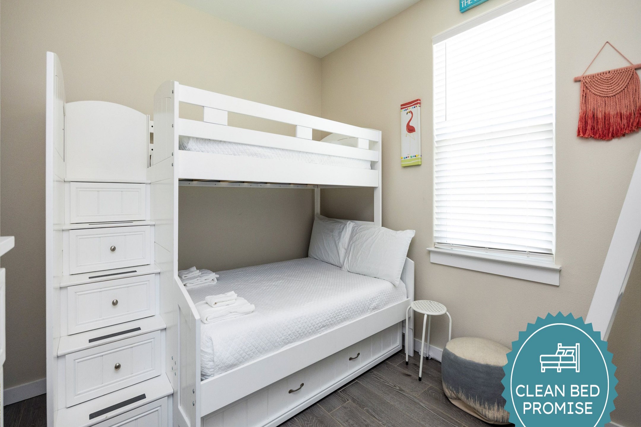Sleep better at Padre Escapes with our exclusive Clean Bed Promise; providing fresh linens, comforters, and towels washed at high temperatures exceeding CDC recommendations, setting us apart for a truly restful vacation