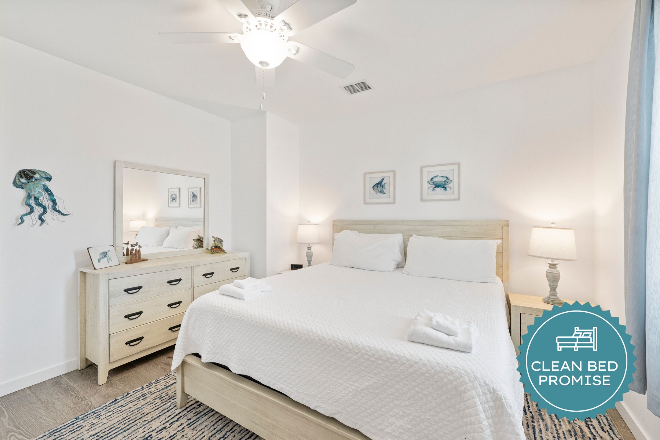 Sleep better at Padre Escapes with our exclusive Clean Bed Promise; providing fresh linens, comforters, and towels washed at high temperatures exceeding CDC recommendations, setting us apart for a truly restful vacation