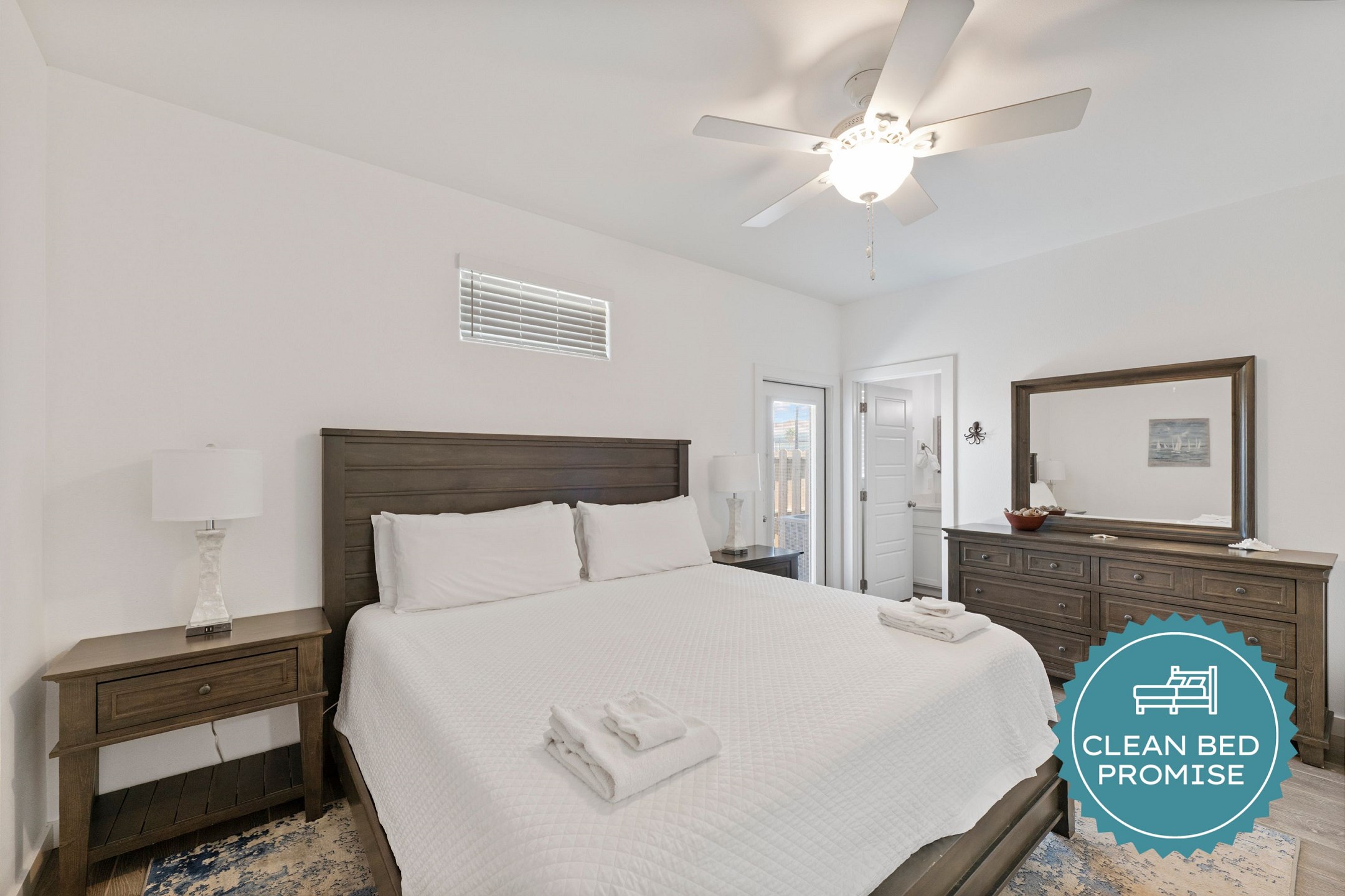 Sleep better at Padre Escapes with our exclusive Clean Bed Promise; providing fresh linens, comforters, and towels washed at high temperatures exceeding CDC recommendations, setting us apart for a truly restful vacation