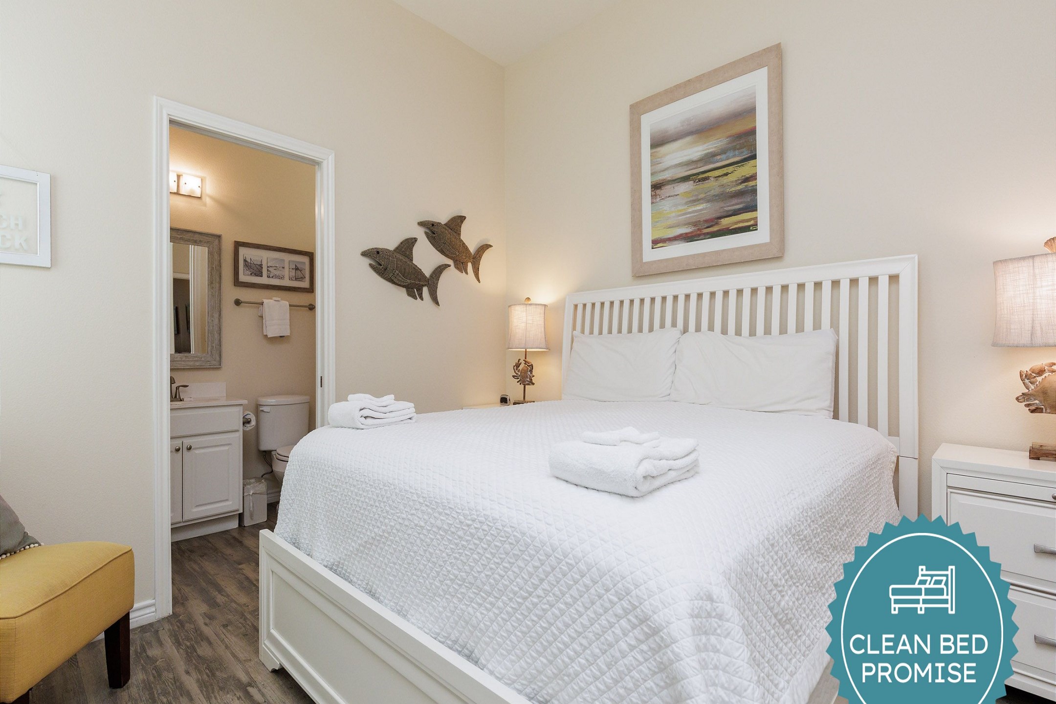 Sleep better at Padre Escapes with our exclusive Clean Bed Promise; providing fresh linens, comforters, and towels washed at high temperatures exceeding CDC recommendations, setting us apart for a truly restful vacation