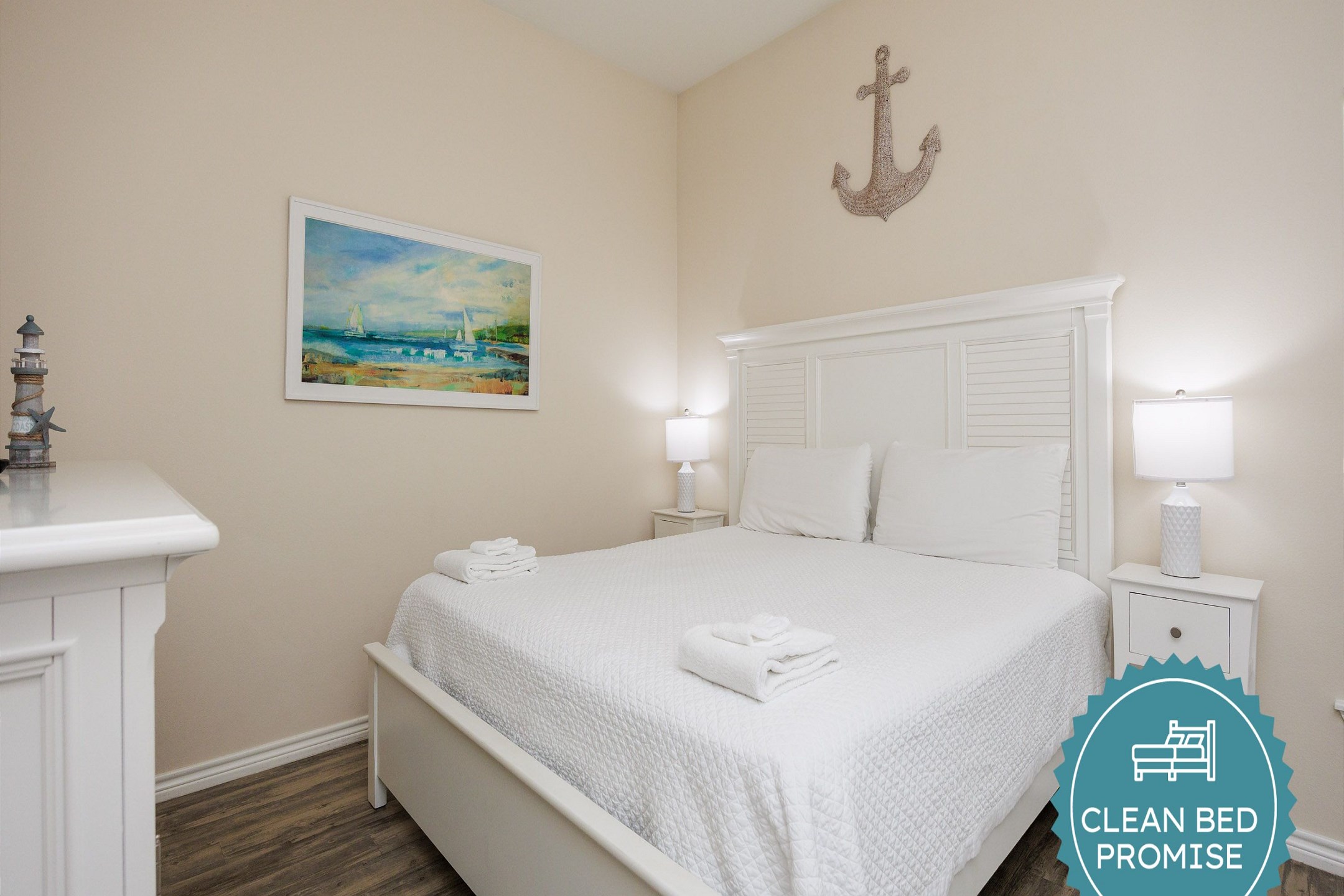 Sleep better at Padre Escapes with our exclusive Clean Bed Promise; providing fresh linens, comforters, and towels washed at high temperatures exceeding CDC recommendations, setting us apart for a truly restful vacation