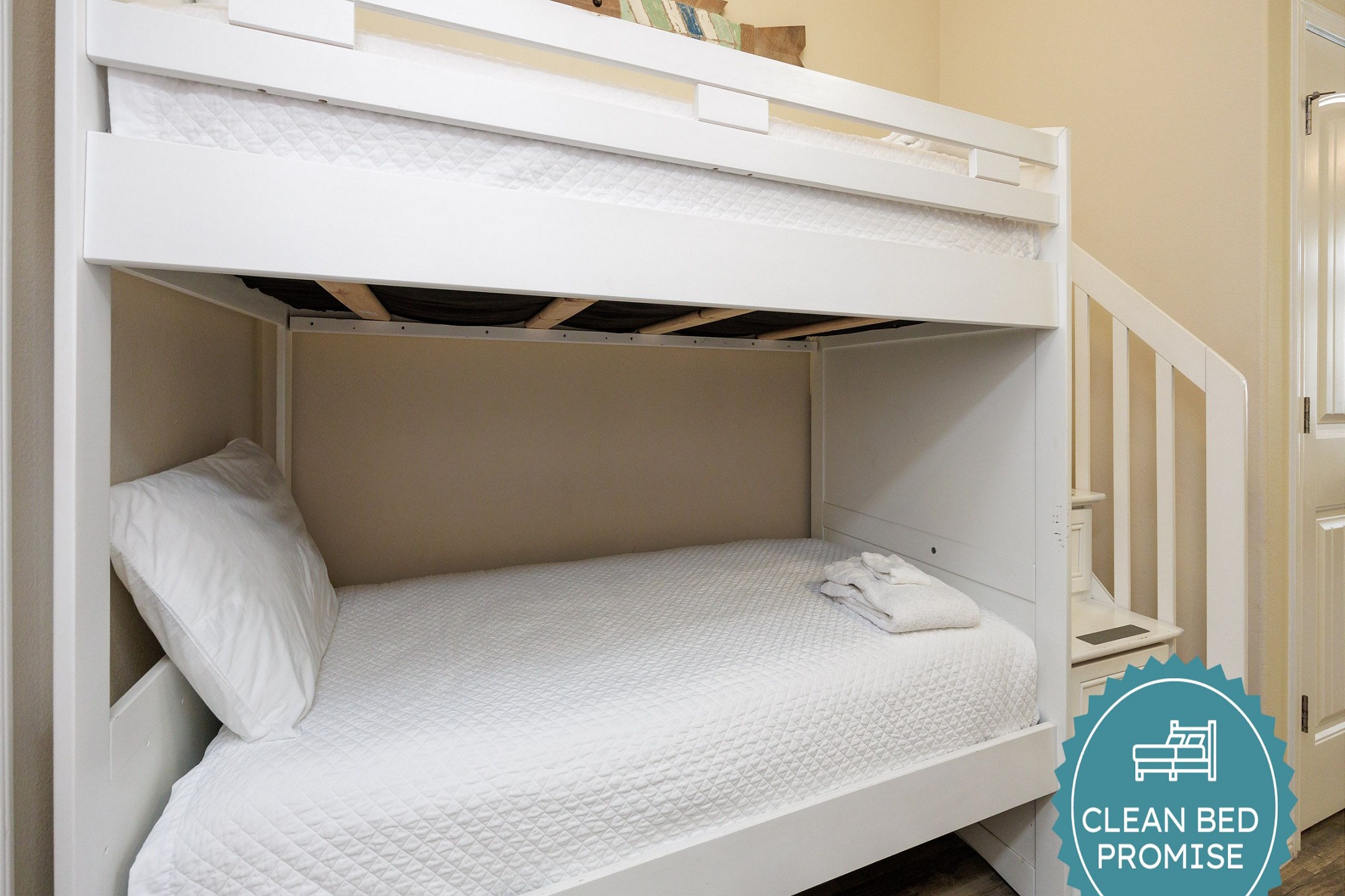 Sleep better at Padre Escapes with our exclusive Clean Bed Promise; providing fresh linens, comforters, and towels washed at high temperatures exceeding CDC recommendations, setting us apart for a truly restful vacation