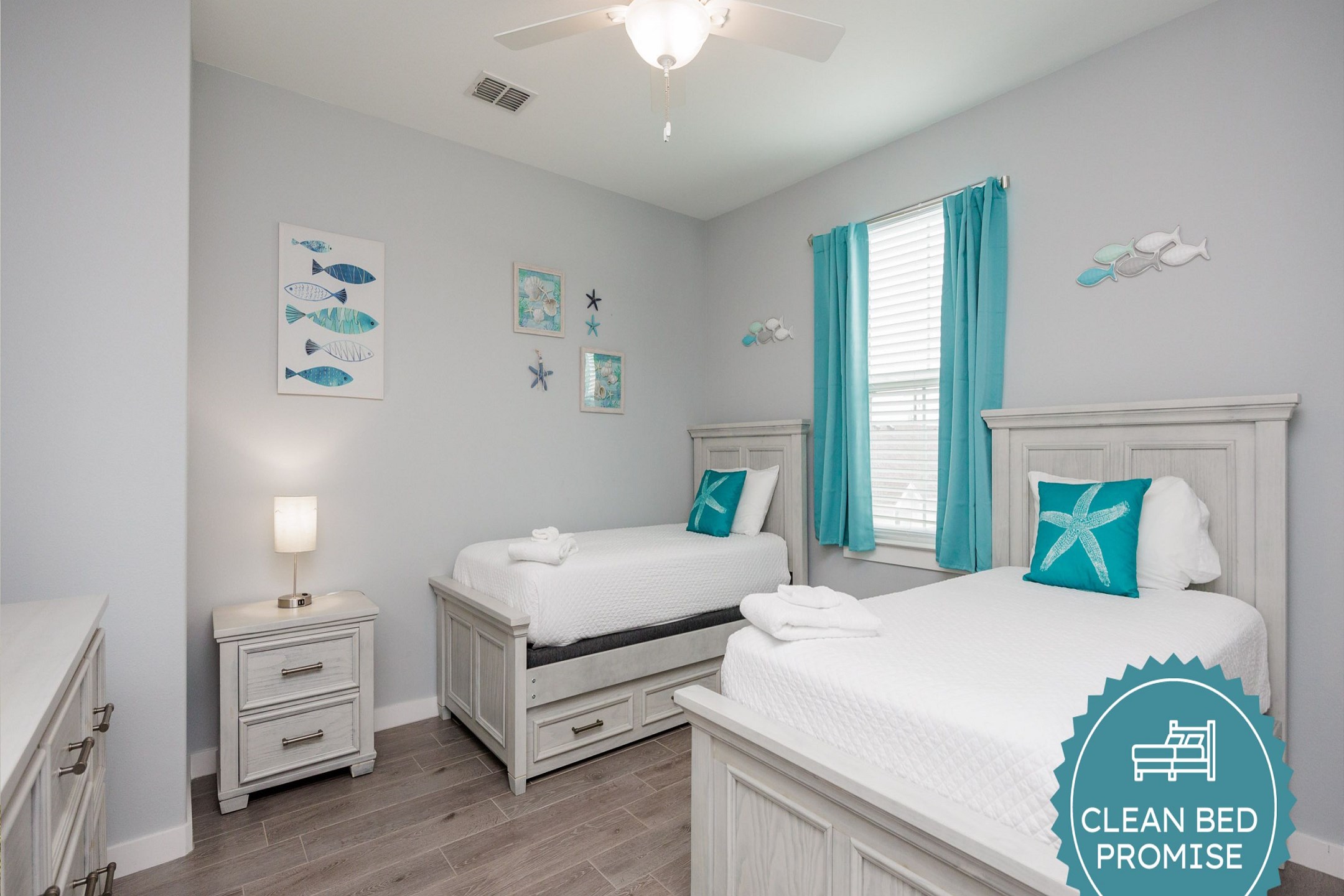 Sleep better at Padre Escapes with our exclusive Clean Bed Promise; providing fresh linens, comforters, and towels washed at high temperatures exceeding CDC recommendations, setting us apart for a truly restful vacation