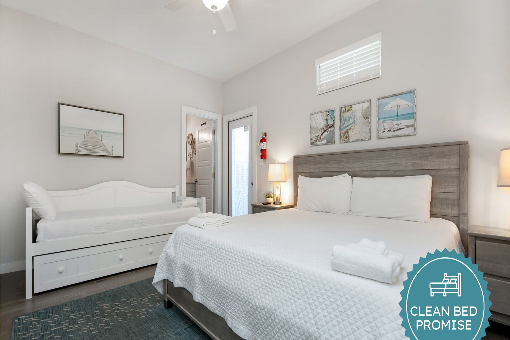 Sleep better at Padre Escapes with our exclusive Clean Bed Promise, providing fresh linens, comforters, and towels washed at high temperatures exceeding CDC recommendations, setting us apart for a truly restful vacation   