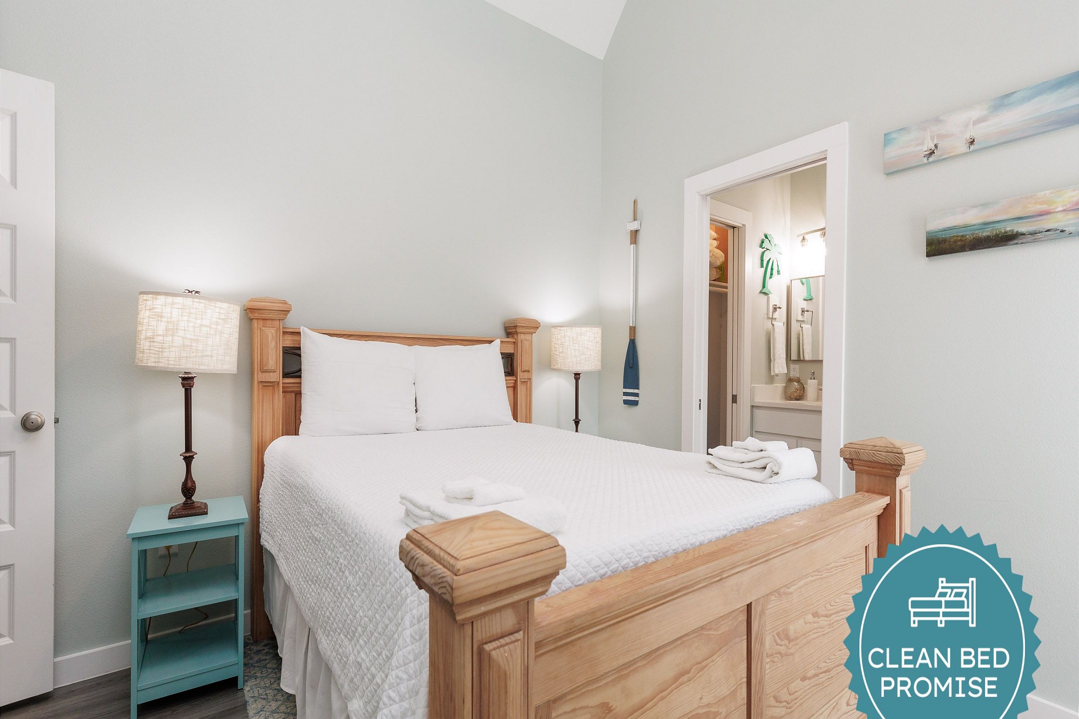 Sleep better at Padre Escapes with our exclusive Clean Bed Promise; providing fresh linens, comforters, and towels washed at high temperatures exceeding CDC recommendations, setting us apart for a truly restful vacation