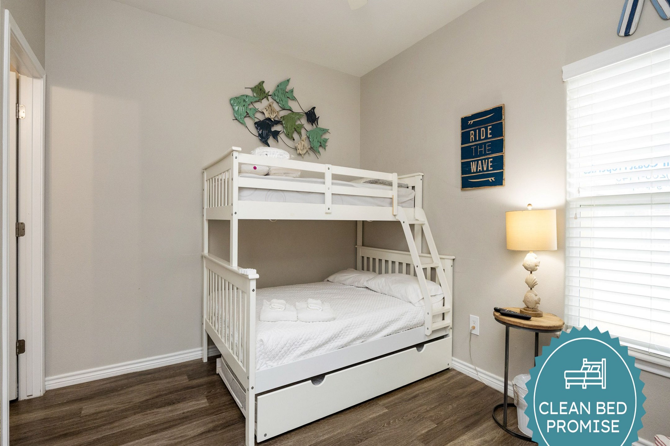 Sleep better at Padre Escapes with our exclusive Clean Bed Promise; providing fresh linens, comforters, and towels washed at high temperatures exceeding CDC recommendations, setting us apart for a truly restful vacation