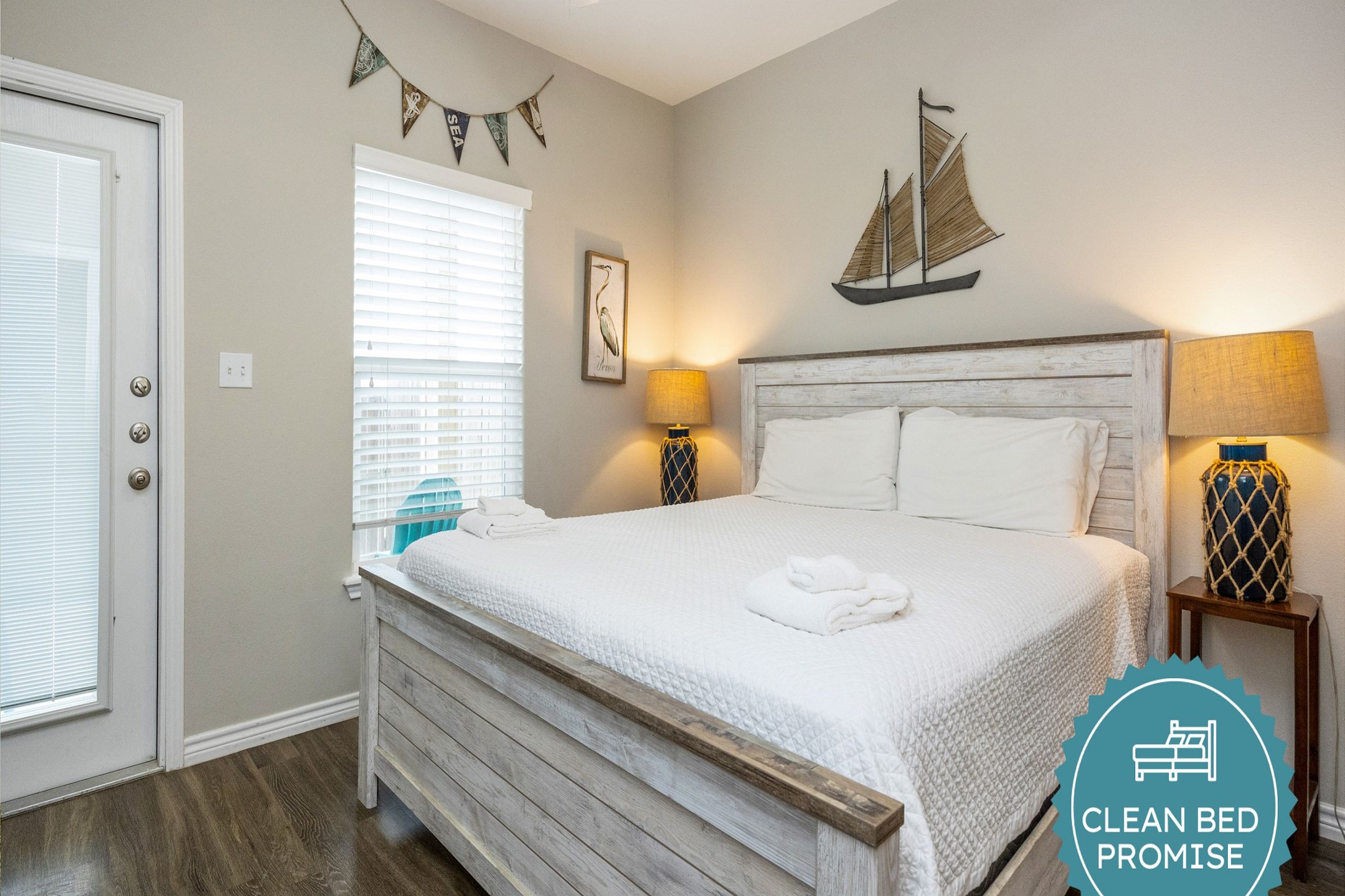 Sleep better at Padre Escapes with our exclusive Clean Bed Promise; providing fresh linens, comforters, and towels washed at high temperatures exceeding CDC recommendations, setting us apart for a truly restful vacation
