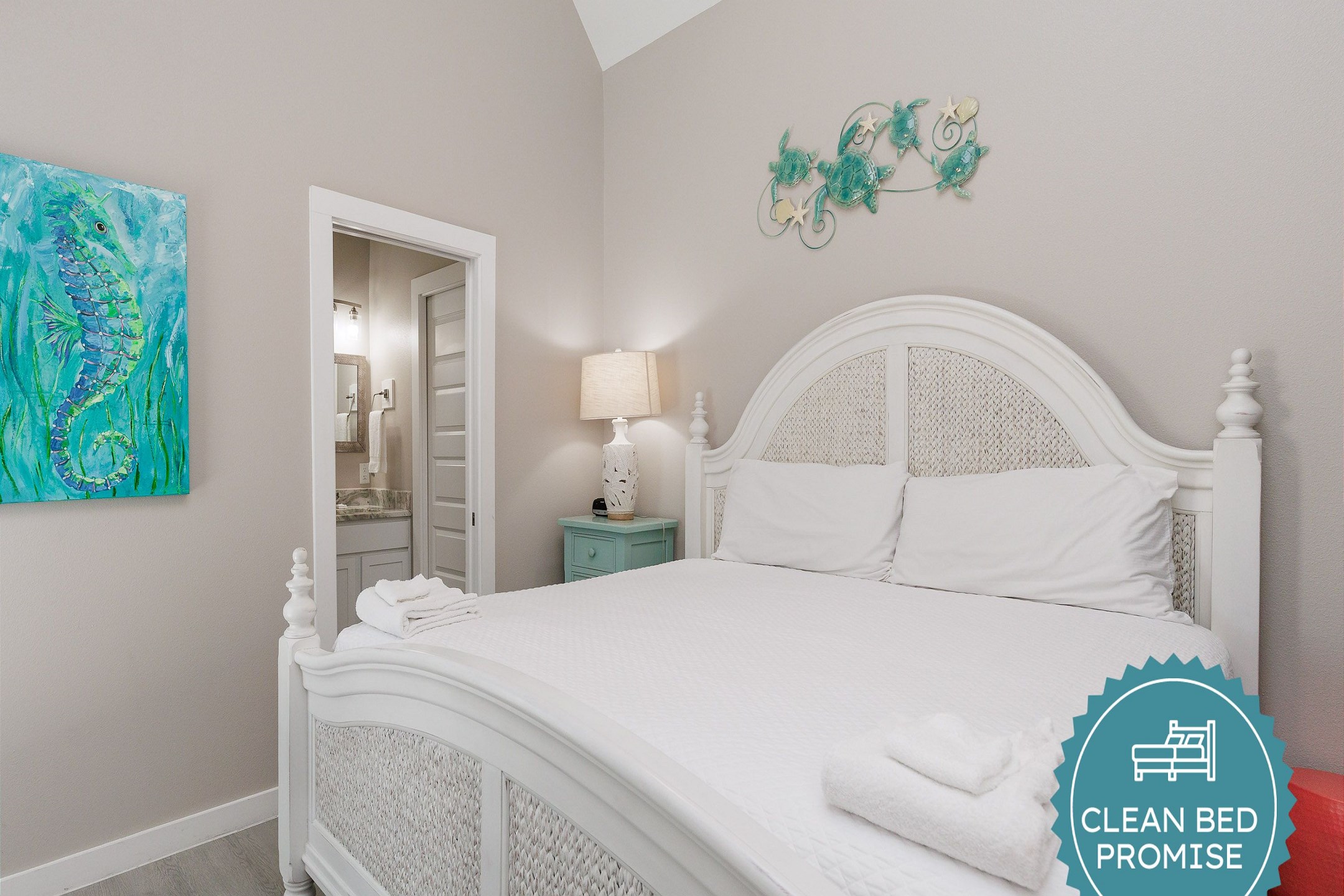 Sleep better at Padre Escapes with our exclusive Clean Bed Promise; providing fresh linens, comforters, and towels washed at high temperatures exceeding CDC recommendations, setting us apart for a truly restful vacation