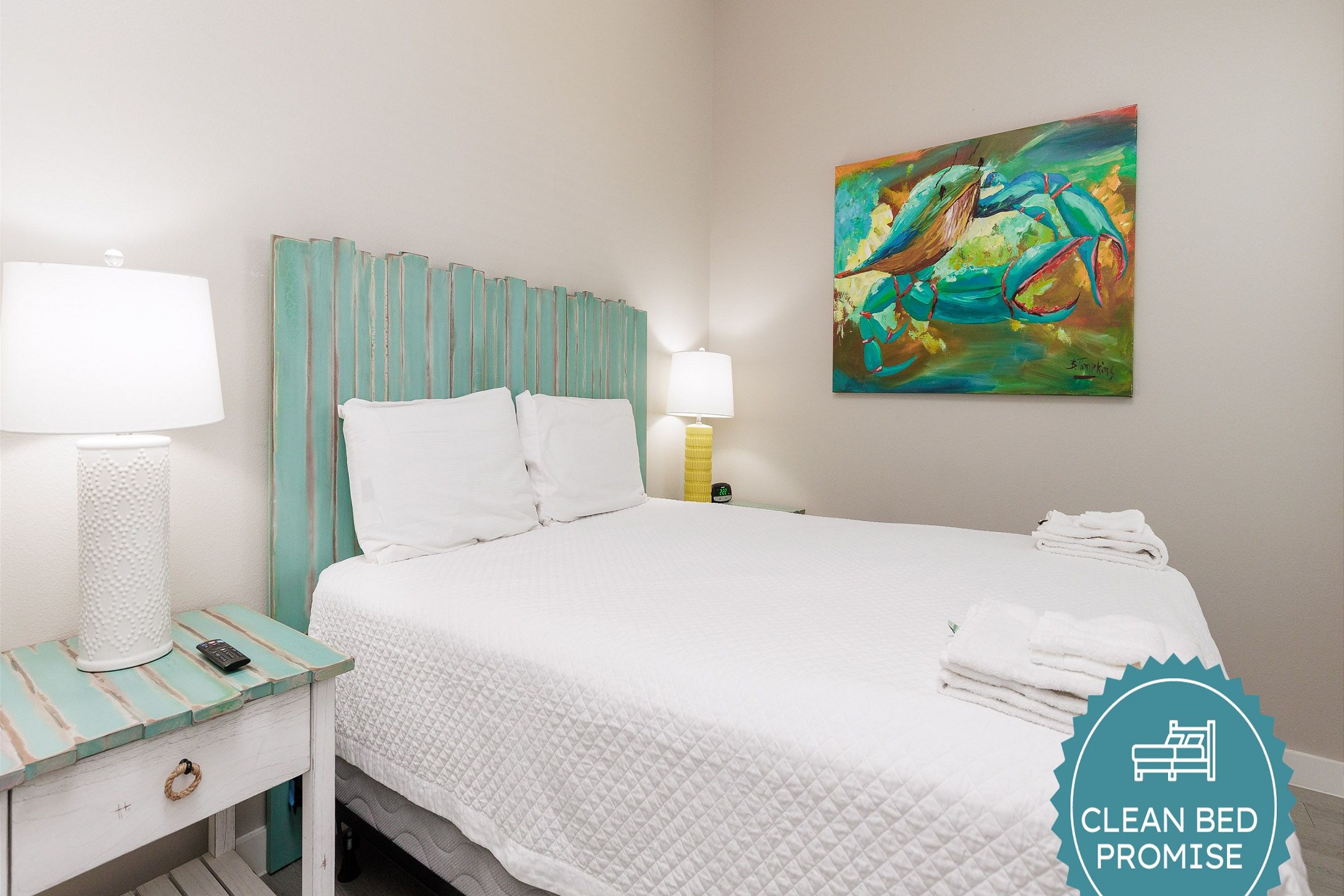 Sleep better at Padre Escapes with our exclusive Clean Bed Promise; providing fresh linens, comforters, and towels washed at high temperatures exceeding CDC recommendations, setting us apart for a truly restful vacation
