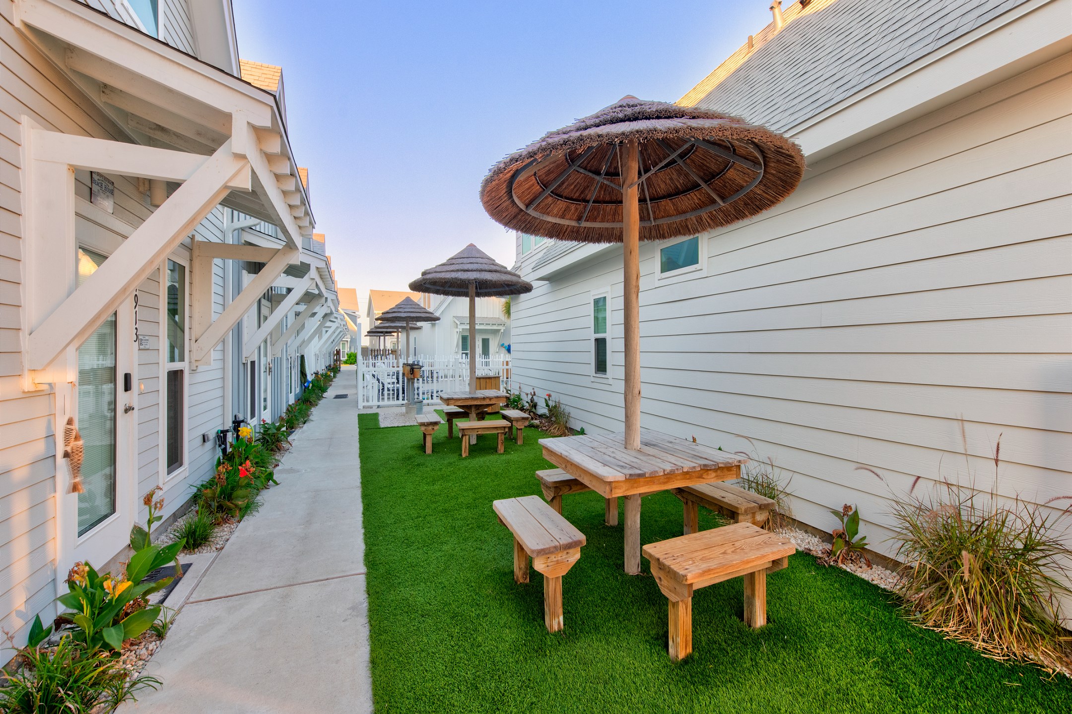 Enjoy lunch outside underneath the umbrellas 