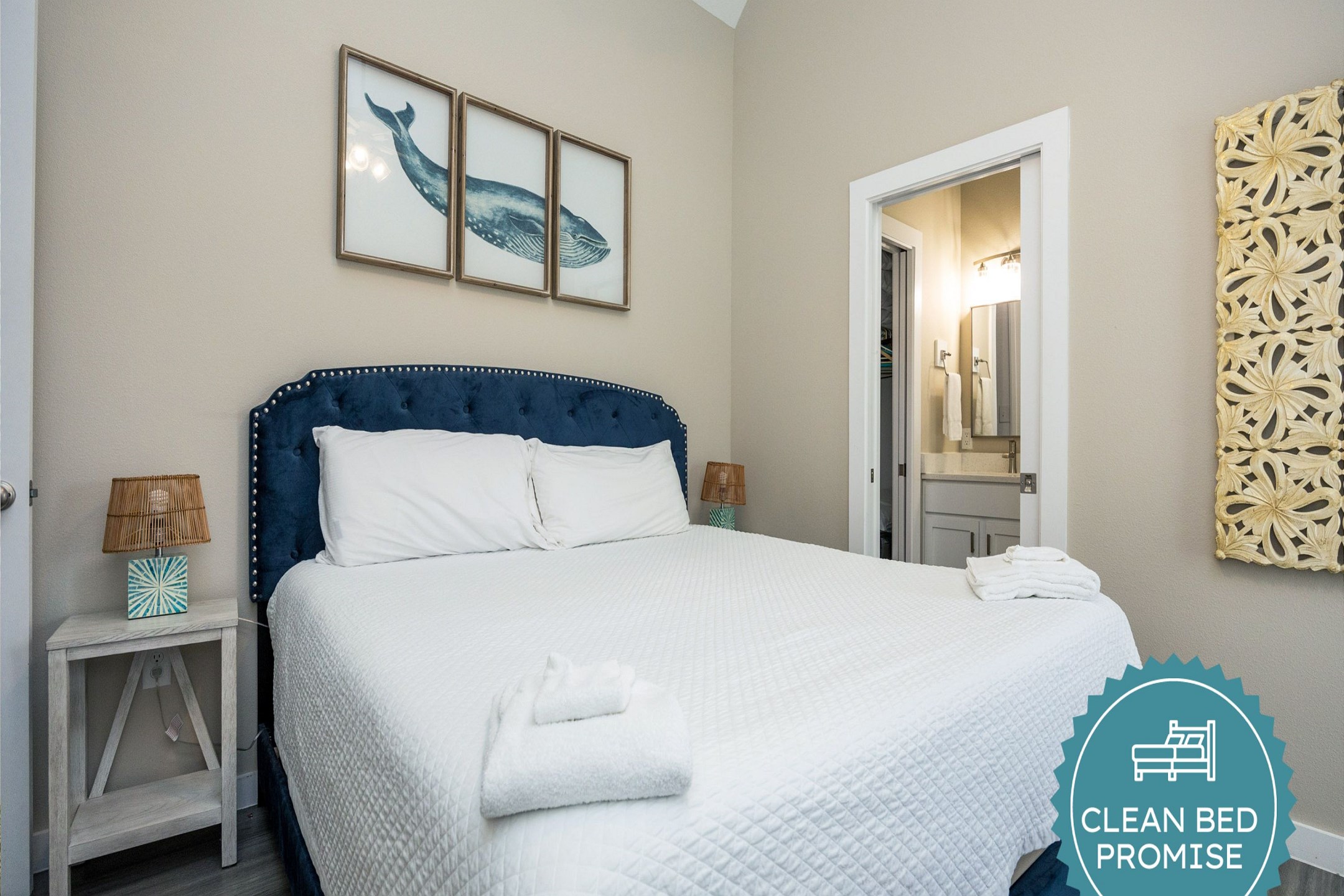 Sleep better at Padre Escapes with our exclusive Clean Bed Promise; providing fresh linens, comforters, and towels washed at high temperatures exceeding CDC recommendations, setting us apart for a truly restful vacation