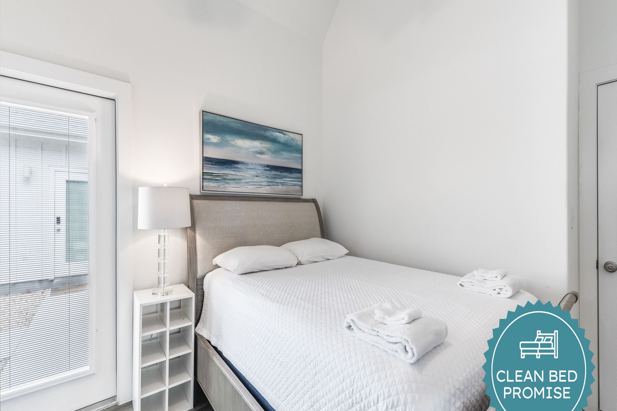 Sleep better at Padre Escapes with our exclusive Clean Bed Promise; providing fresh linens, comforters, and towels washed at high temperatures exceeding CDC recommendations, setting us apart for a truly restful vacation   