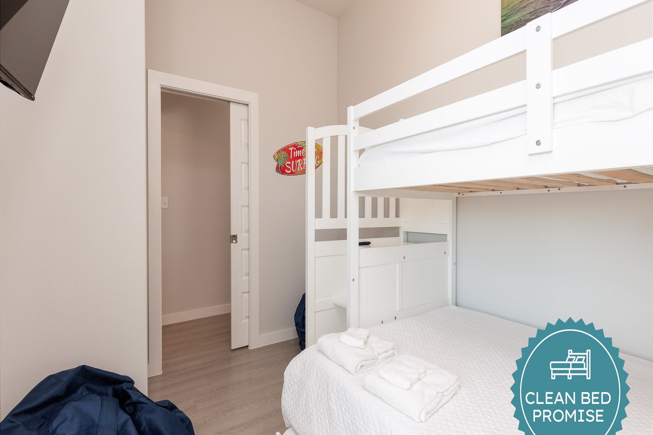 Sleep better at Padre Escapes with our exclusive Clean Bed Promise; providing fresh linens, comforters, and towels washed at high temperatures exceeding CDC recommendations, setting us apart for a truly restful vacation