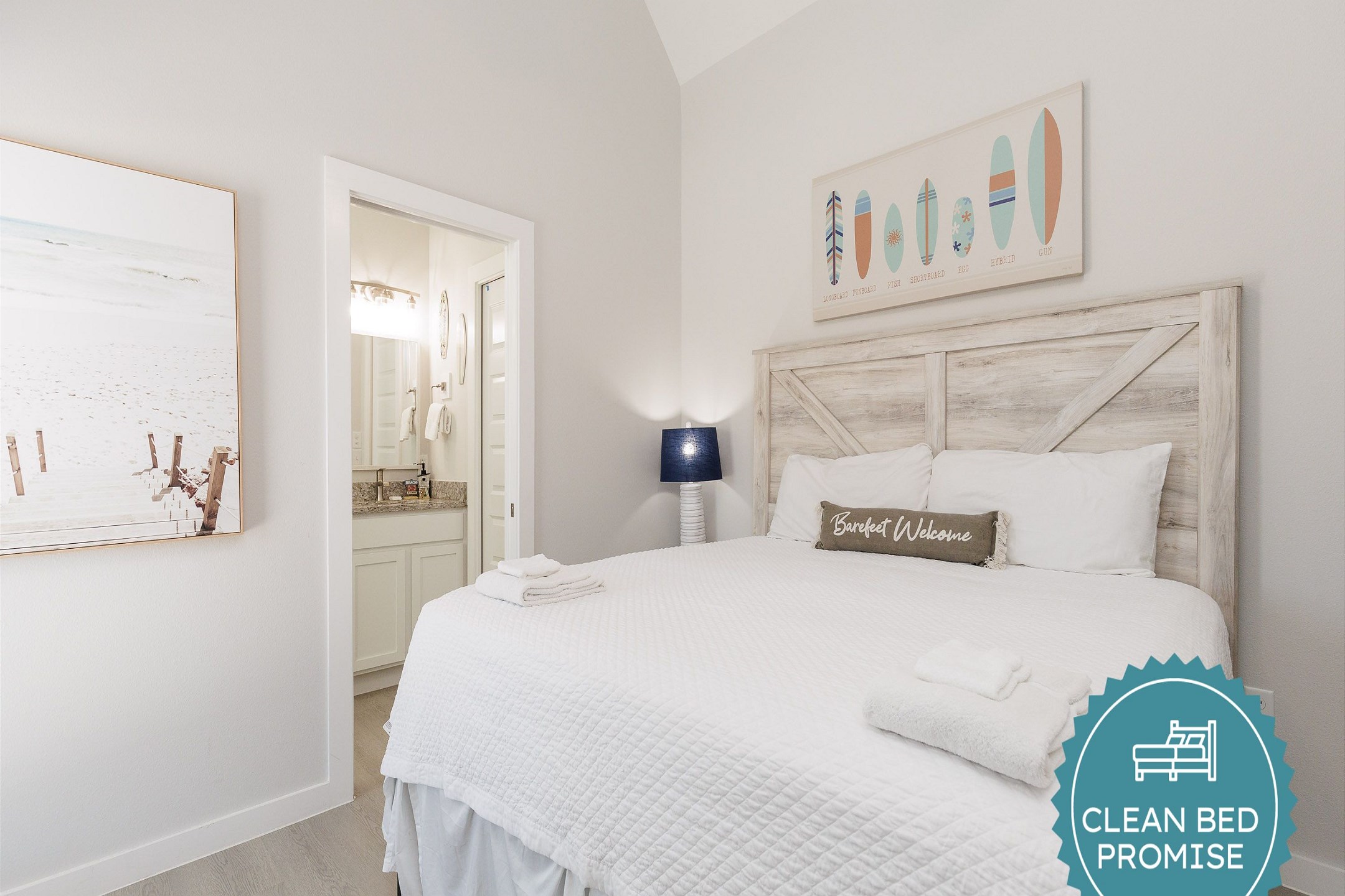 Sleep better at Padre Escapes with our exclusive Clean Bed Promise; providing fresh linens, comforters, and towels washed at high temperatures exceeding CDC recommendations, setting us apart for a truly restful vacation