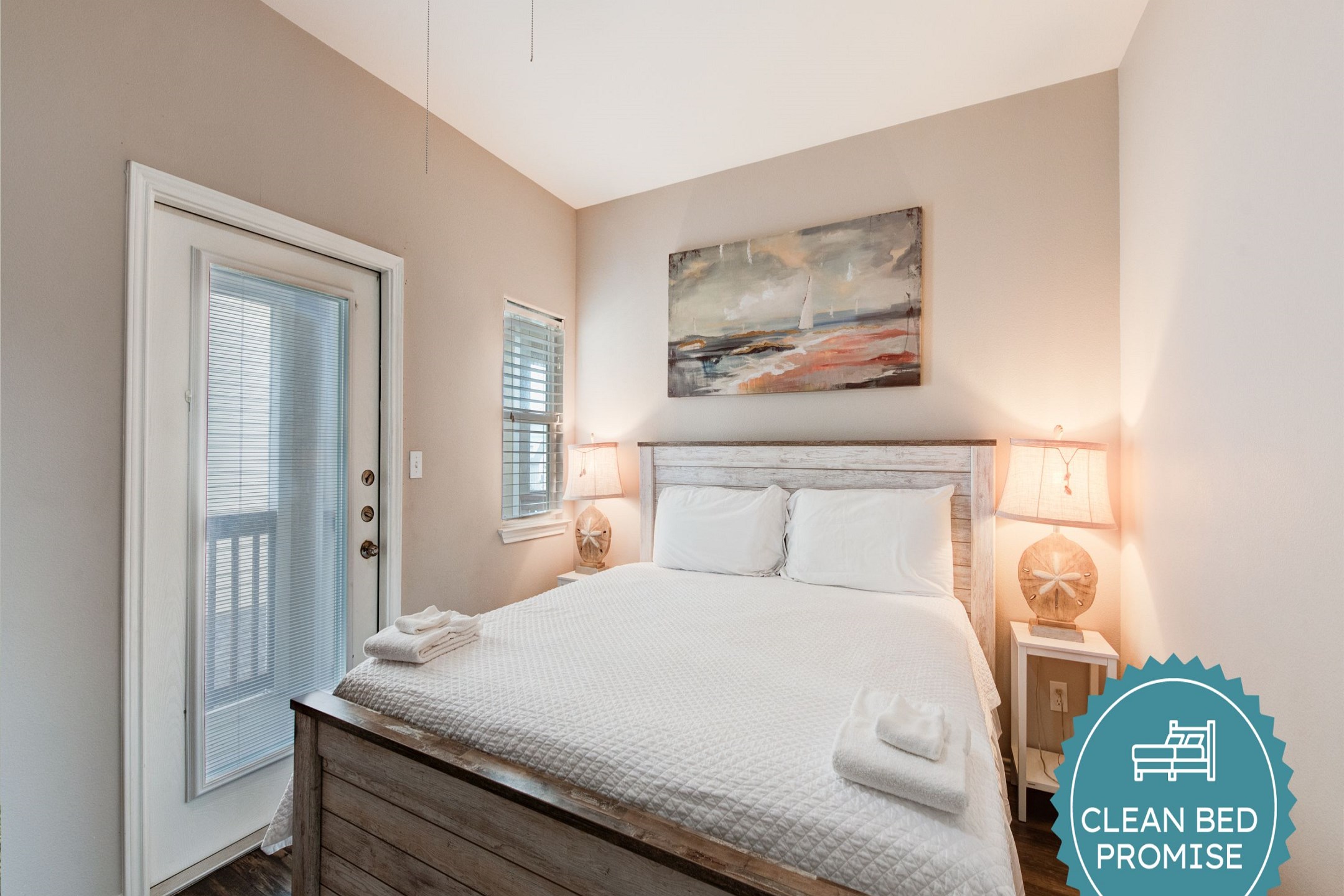 Sleep better at Padre Escapes with our exclusive Clean Bed Promise; providing fresh linens, comforters, and towels washed at high temperatures exceeding CDC recommendations, setting us apart for a truly restful vacation