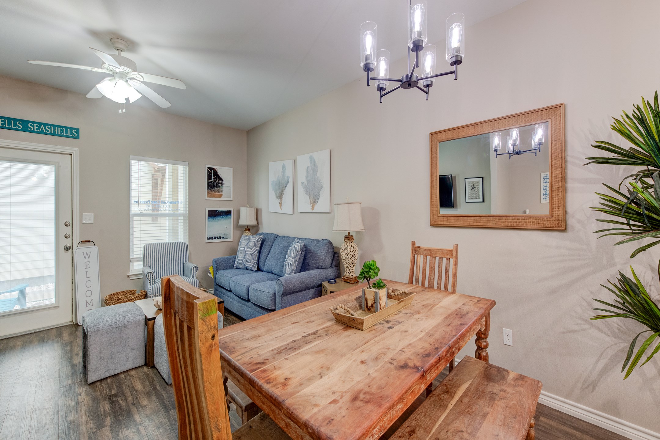 Charming dining area with seating for six and extra seating for three at the breakfast bar 