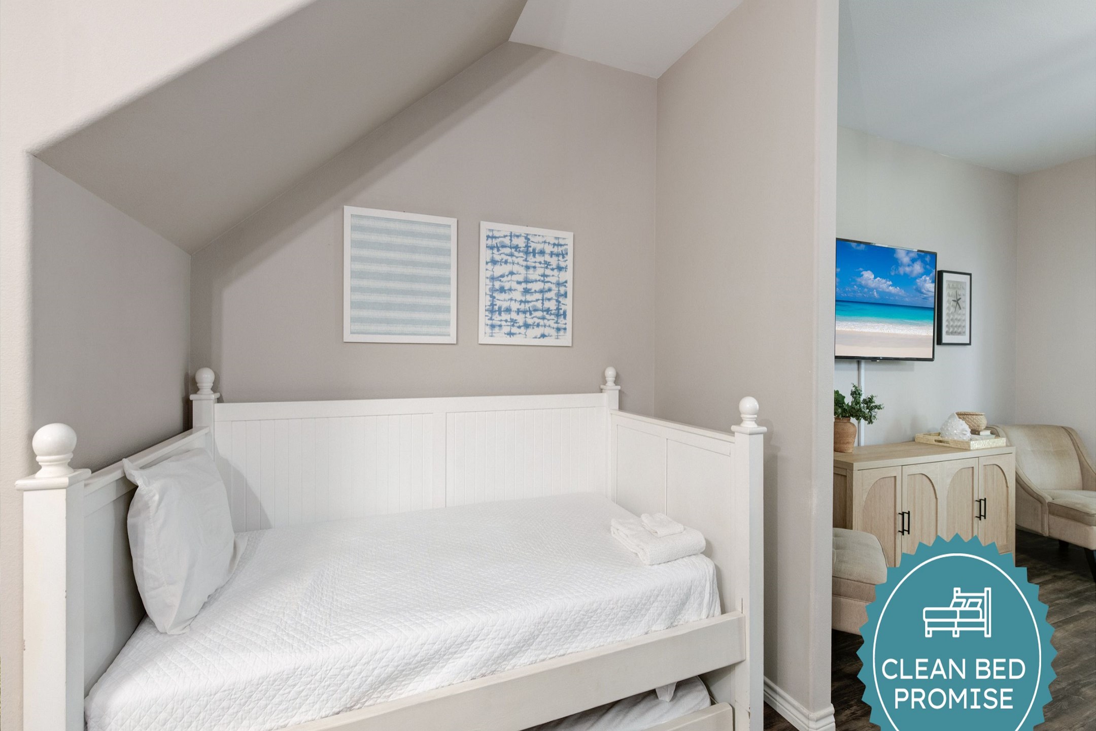 Sleep better at Padre Escapes with our exclusive Clean Bed Promise; providing fresh linens, comforters, and towels washed at high temperatures exceeding CDC recommendations, setting us apart for a truly restful vacation