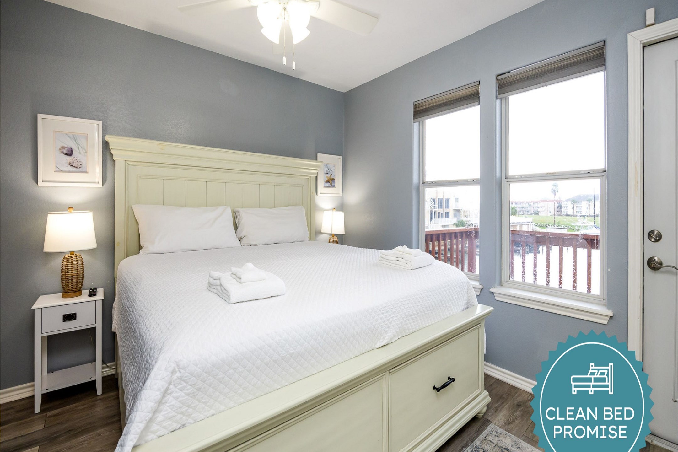 Sleep better at Padre Escapes with our exclusive Clean Bed Promise, providing fresh linens, comforters, and towels washed at high temperatures exceeding CDC recommendations, setting us apart for a truly restful vacation   