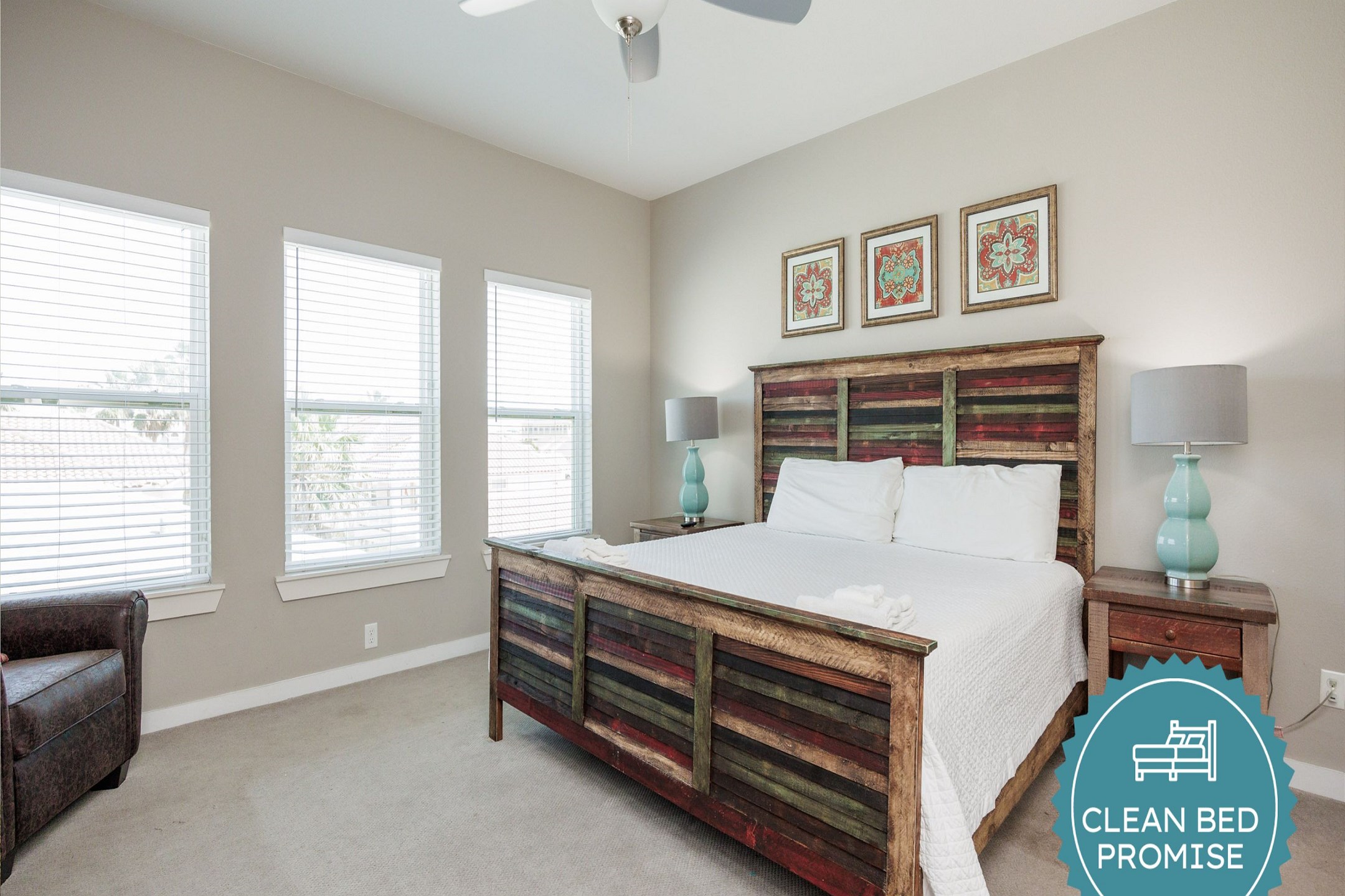 Sleep better at Padre Escapes with our exclusive Clean Bed Promise, providing fresh linens, comforters, and towels washed at high temperatures exceeding CDC recommendations, setting us apart for a truly restful vacation 