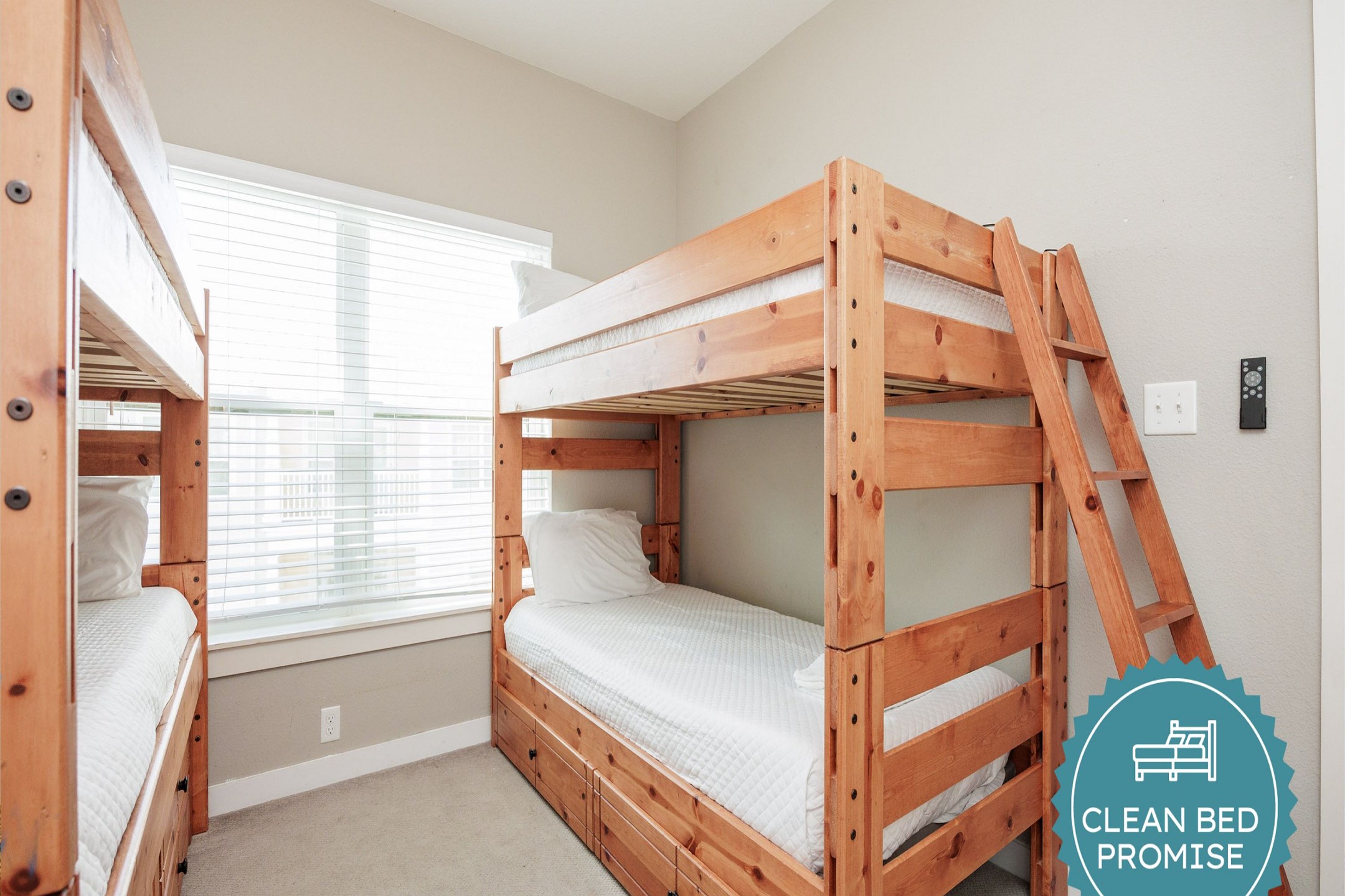 Sleep better at Padre Escapes with our exclusive Clean Bed Promise, providing fresh linens, comforters, and towels washed at high temperatures exceeding CDC recommendations, setting us apart for a truly restful vacation 