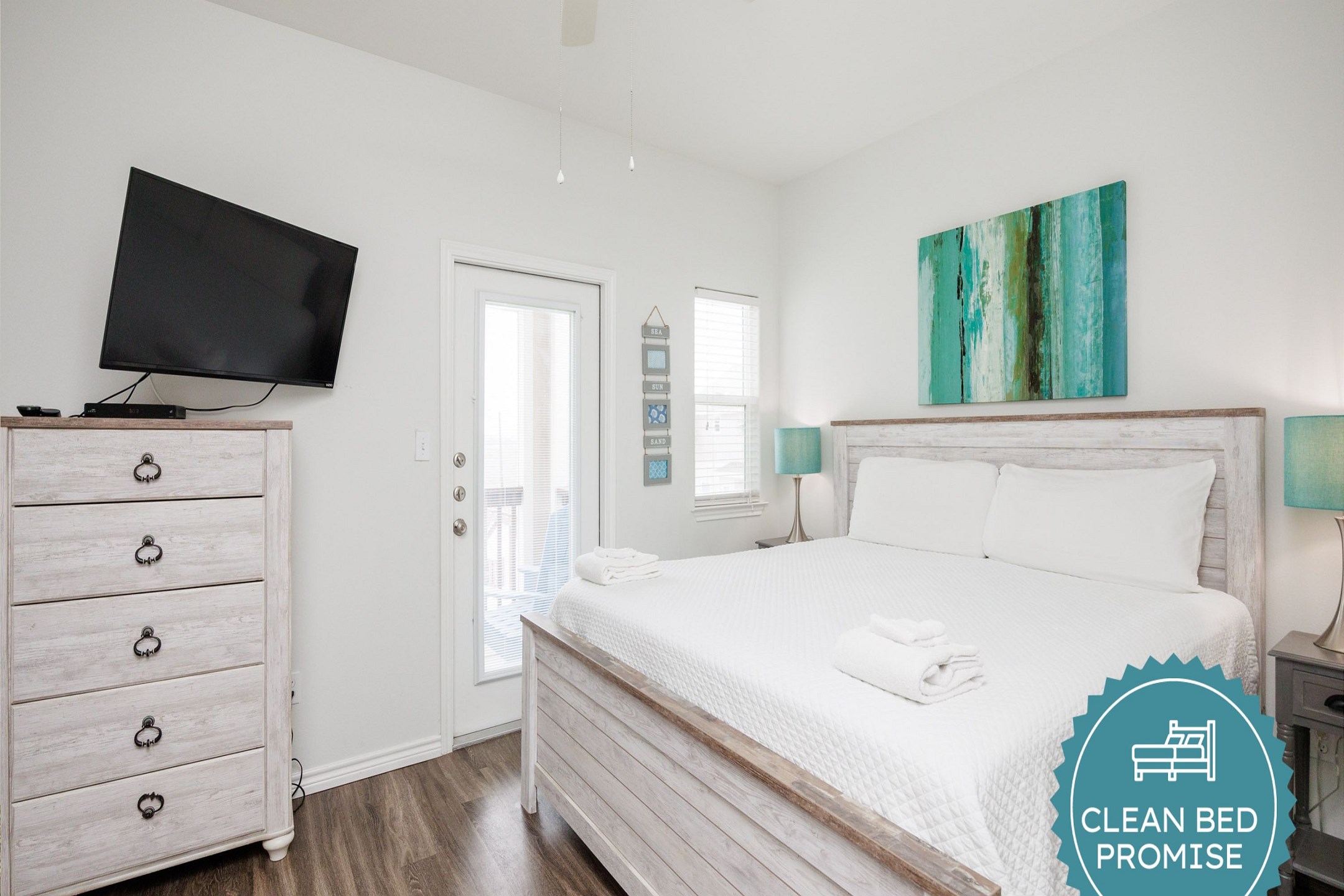Sleep better at Padre Escapes with our exclusive Clean Bed Promise, providing fresh linens, comforters, and towels washed at high temperatures exceeding CDC recommendations, setting us apart for a truly restful vacation   