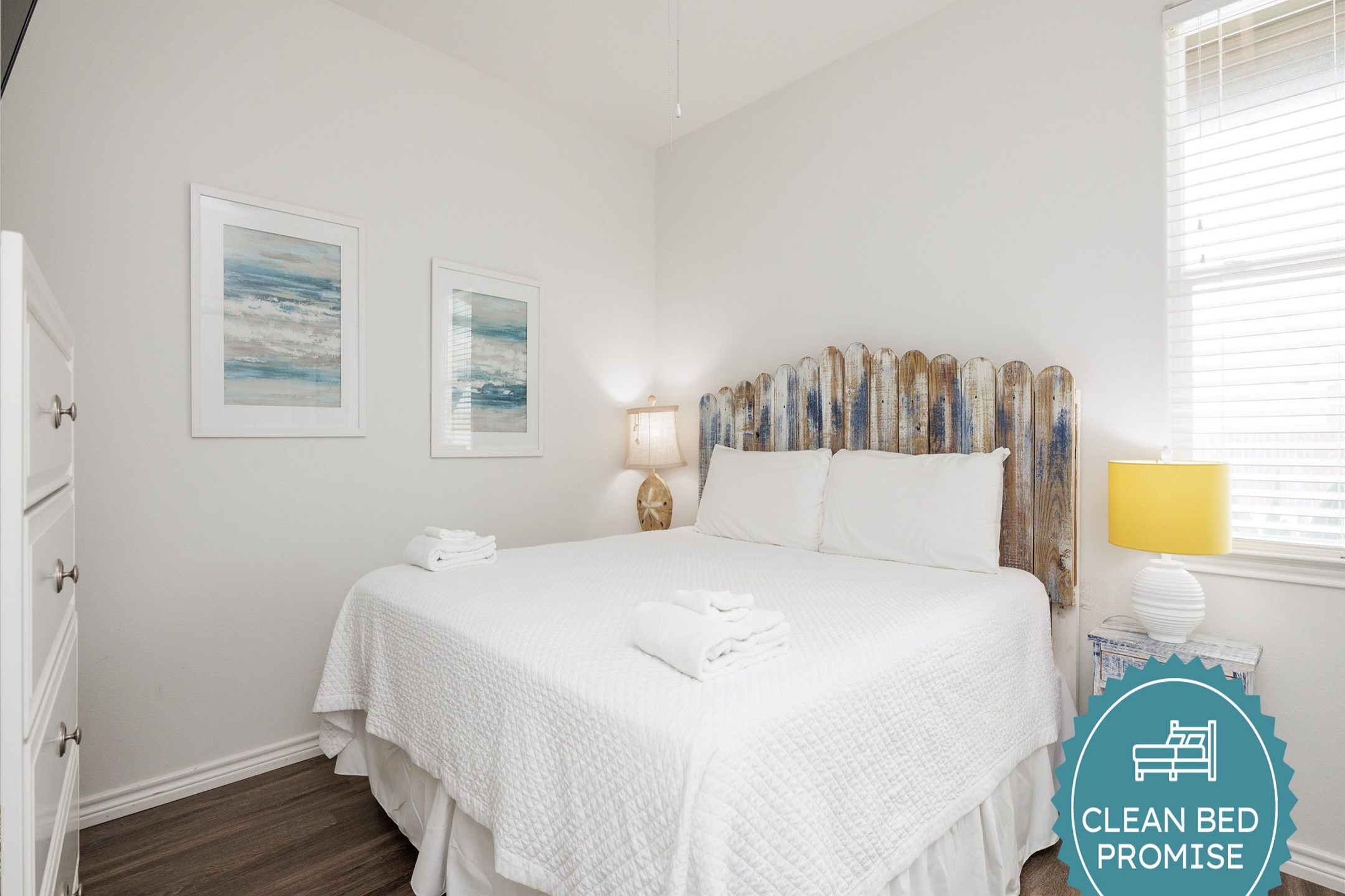 Sleep better at Padre Escapes with our exclusive Clean Bed Promise, providing fresh linens, comforters, and towels washed at high temperatures exceeding CDC recommendations, setting us apart for a truly restful vacation   