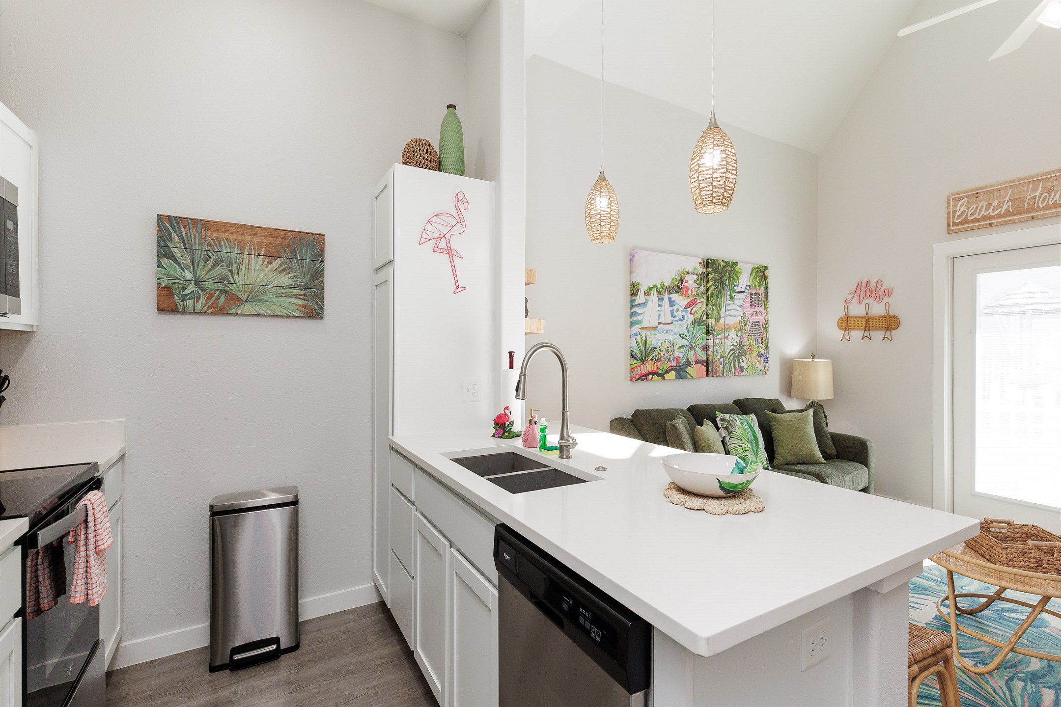 Coffee maker, toaster, cookware, dinnerware, and other kitchen essentials provided