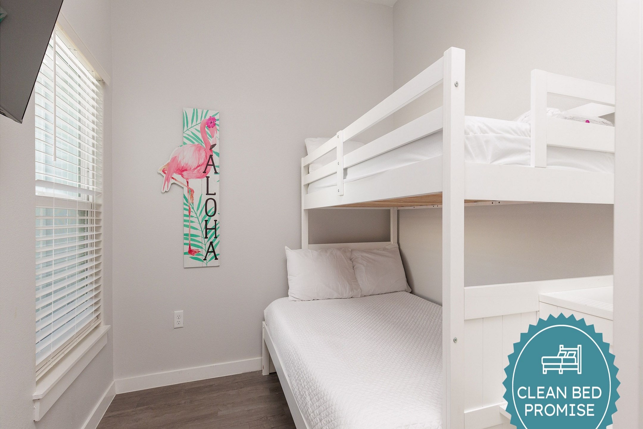 Sleep better at Padre Escapes with our exclusive Clean Bed Promise; providing fresh linens, comforters, and towels washed at high temperatures exceeding CDC recommendations, setting us apart for a truly restful vacation