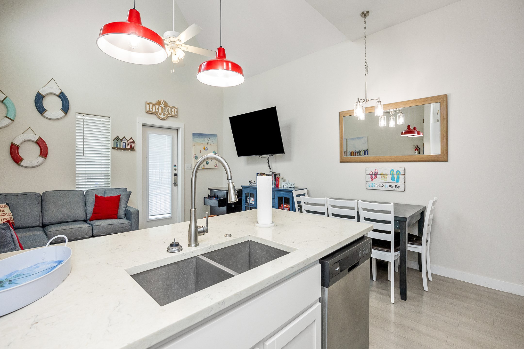 Kitchen, living, dining area 