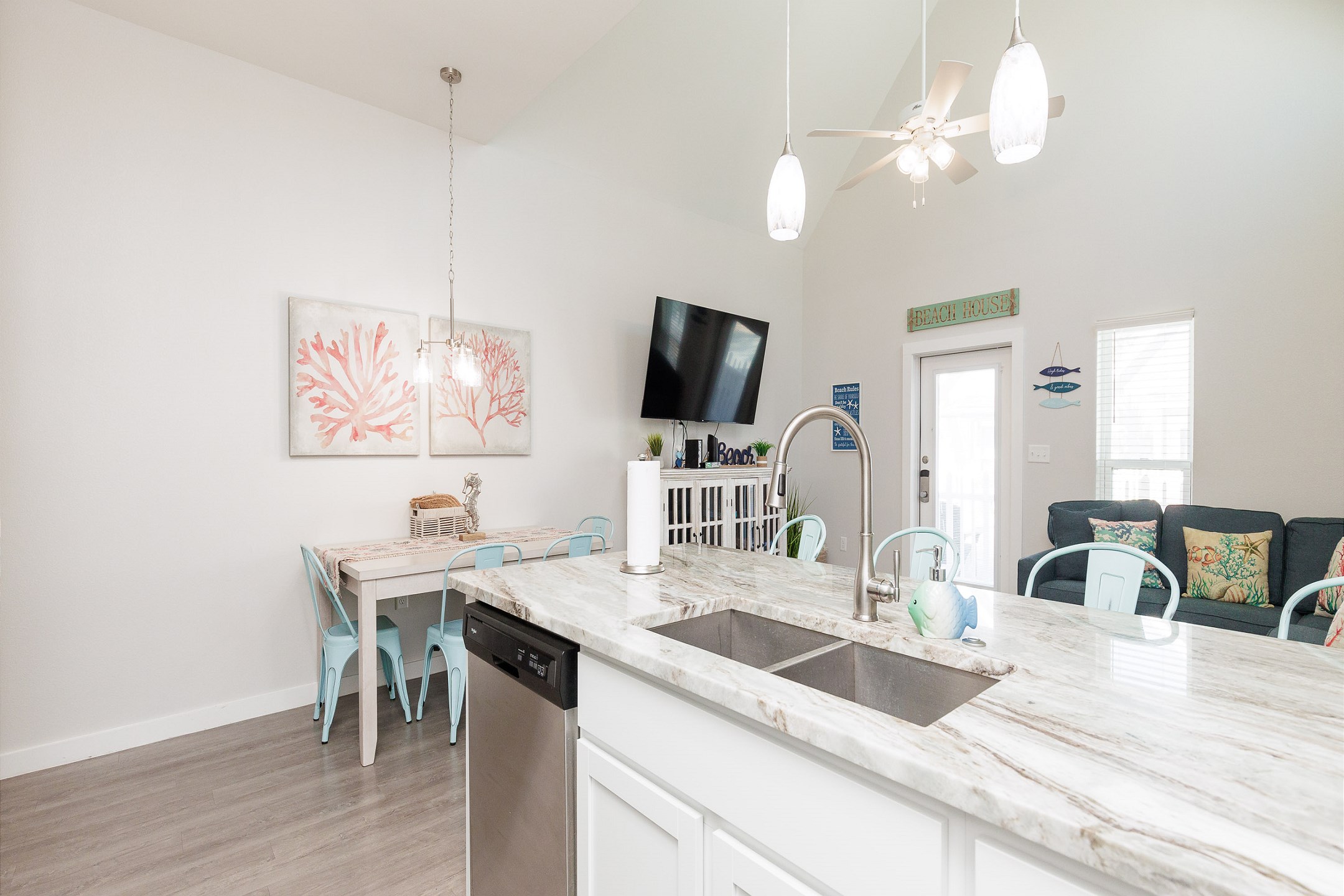 Open concept kitchen with granite countertops 