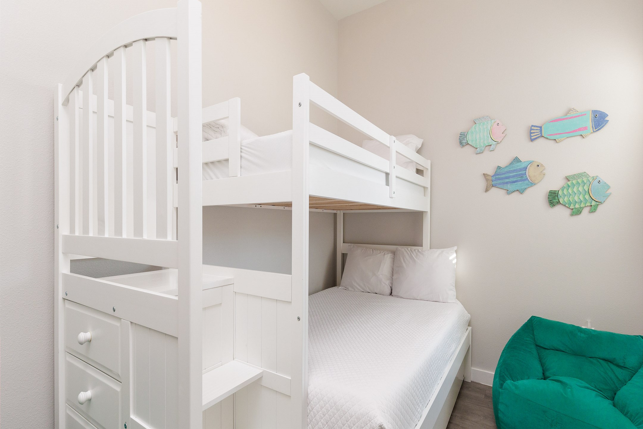 Second bedroom with twin over full size bunk bed with twin trundle and flat screen TV 