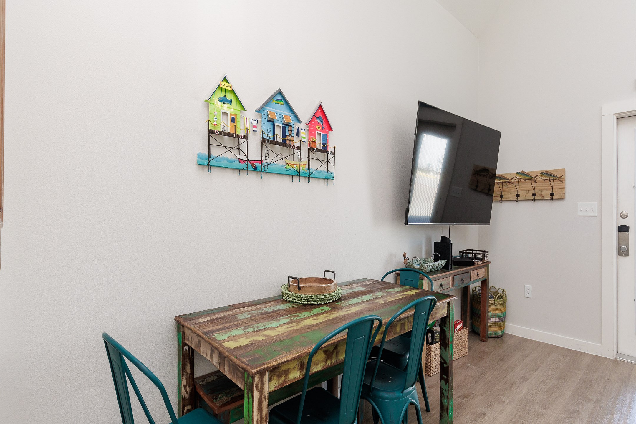 Unique dining table with seating for four plus a bench to enjoy family meals 