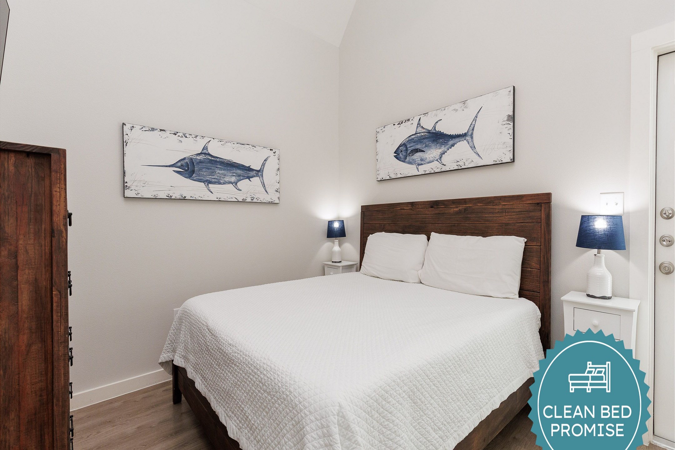 Sleep better at Padre Escapes with our exclusive Clean Bed Promise; providing fresh linens, comforters, and towels washed at high temperatures exceeding CDC recommendations, setting us apart for a truly restful vacation