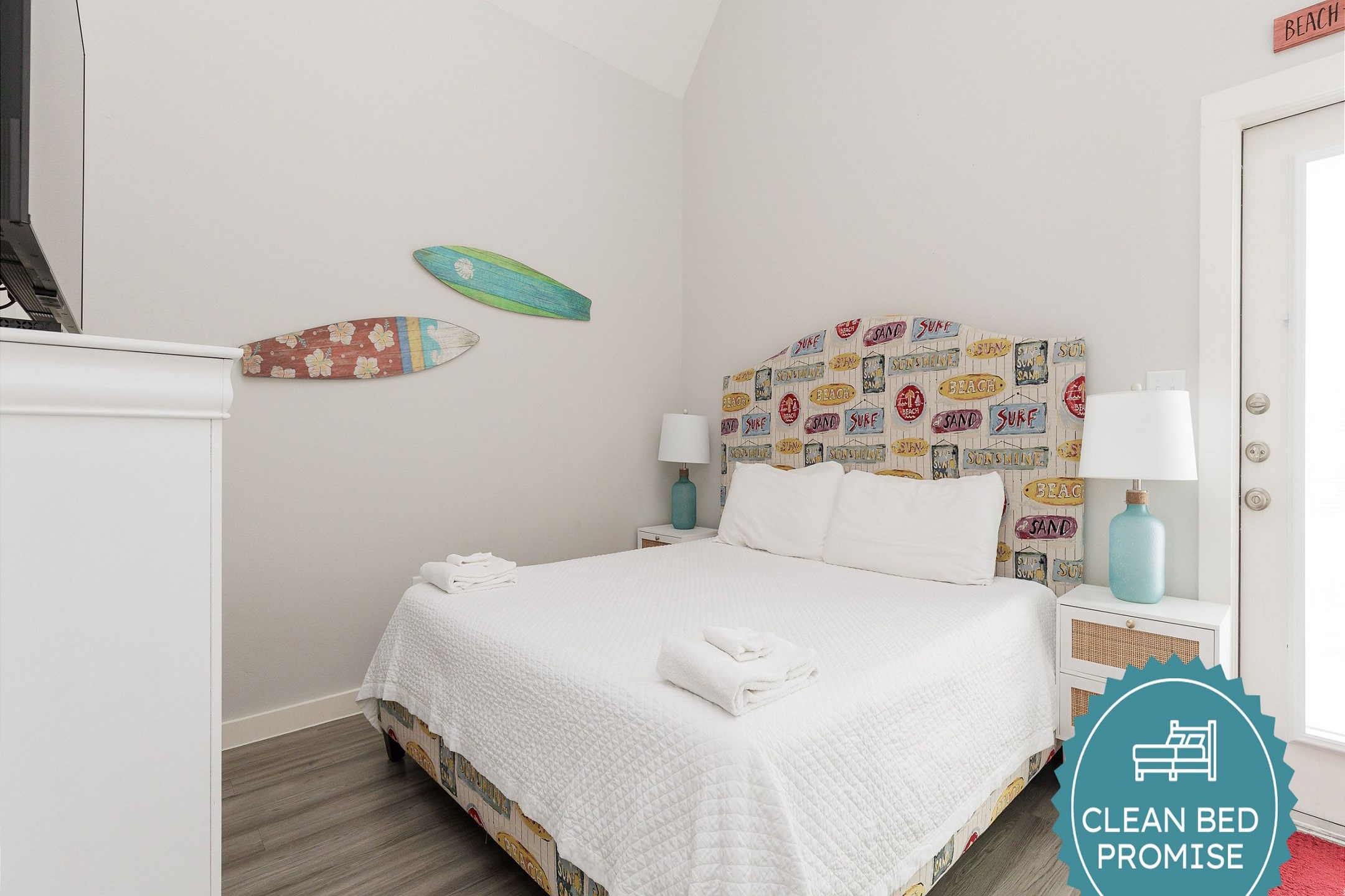 Sleep better at Padre Escapes with our exclusive Clean Bed Promise; providing fresh linens, comforters, and towels washed at high temperatures exceeding CDC recommendations, setting us apart for a truly restful vacation