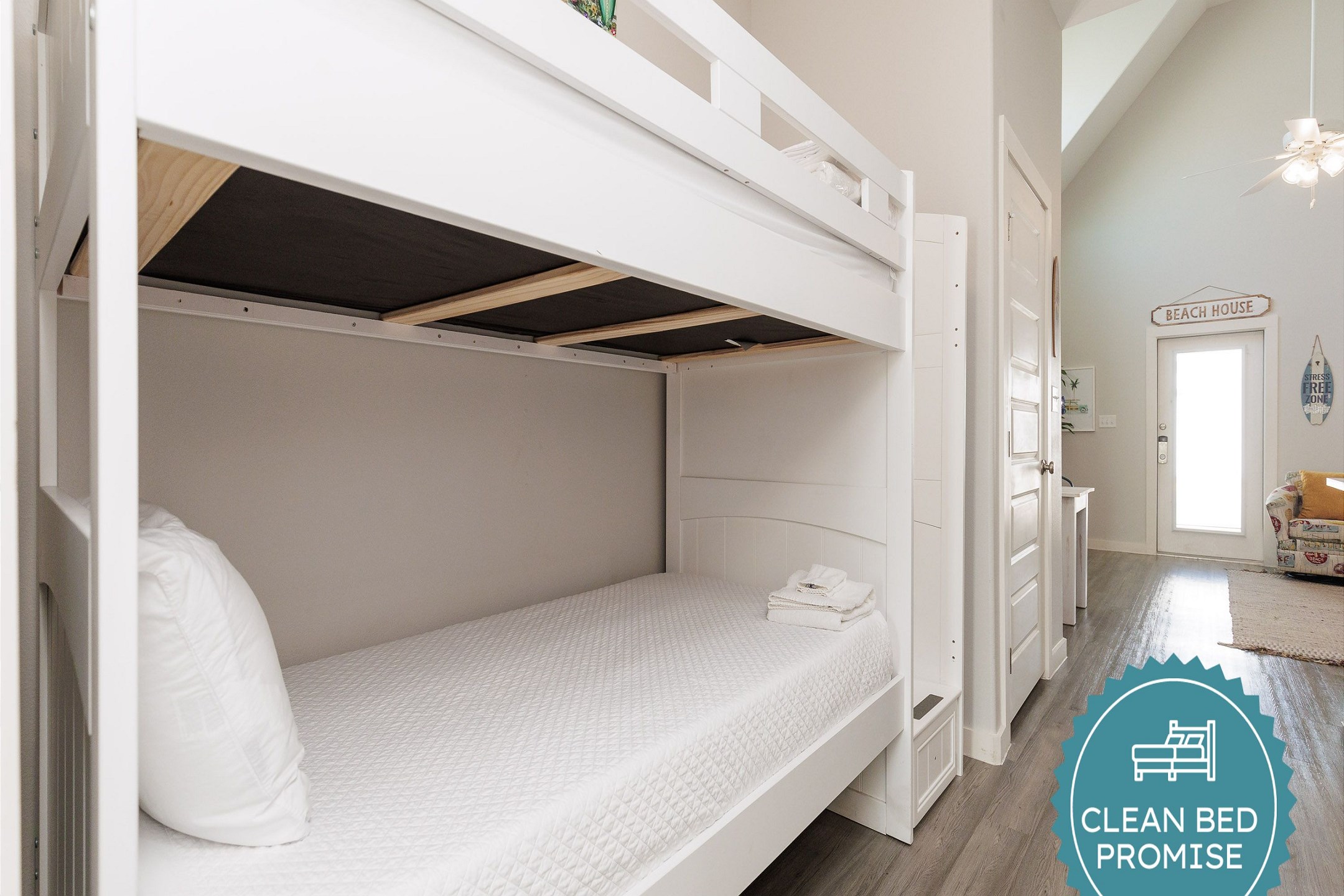 Sleep better at Padre Escapes with our exclusive Clean Bed Promise; providing fresh linens, comforters, and towels washed at high temperatures exceeding CDC recommendations, setting us apart for a truly restful vacation
