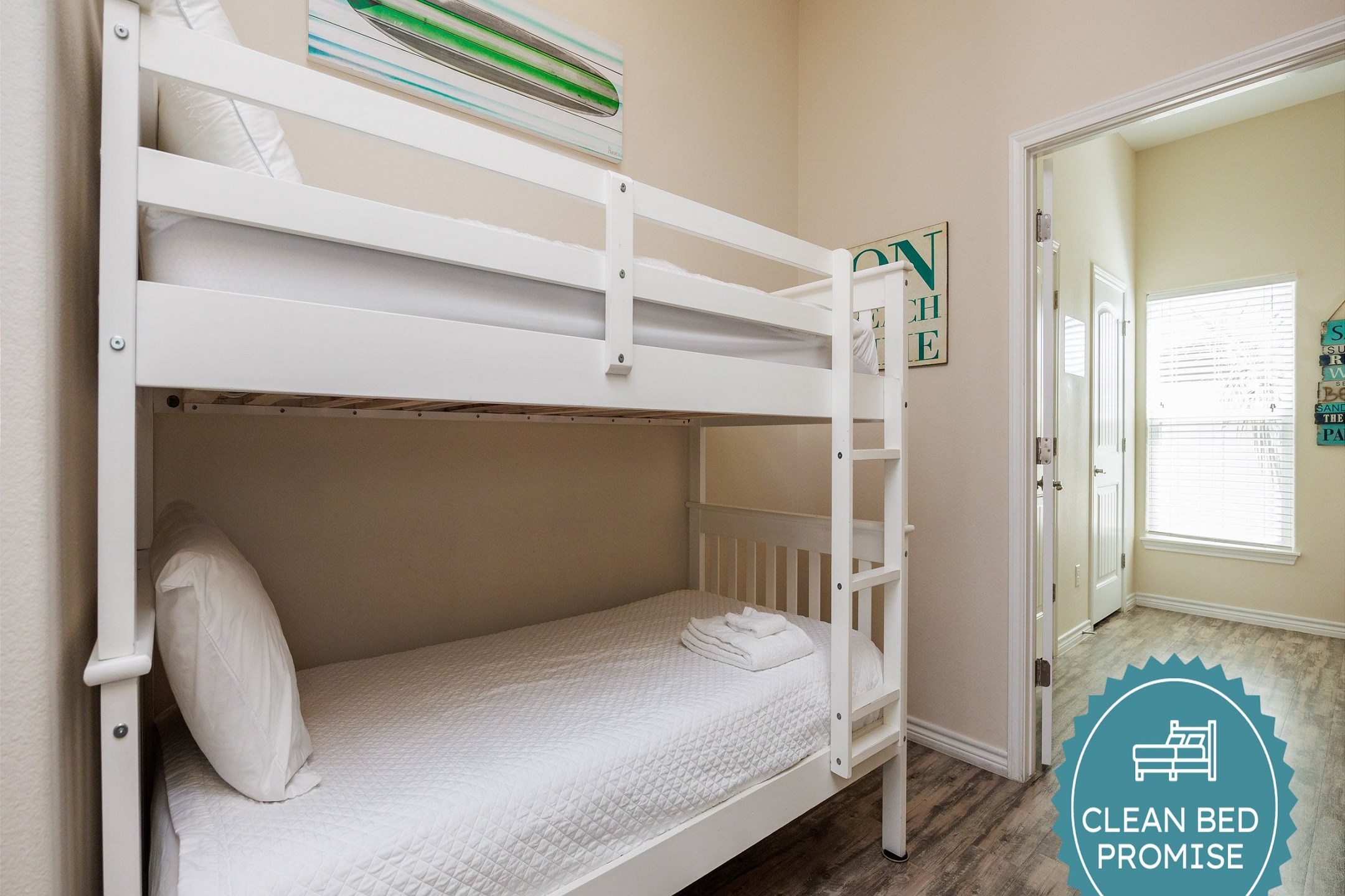 Sleep better at Padre Escapes with our exclusive Clean Bed Promise; providing fresh linens, comforters, and towels washed at high temperatures exceeding CDC recommendations, setting us apart for a truly restful vacation