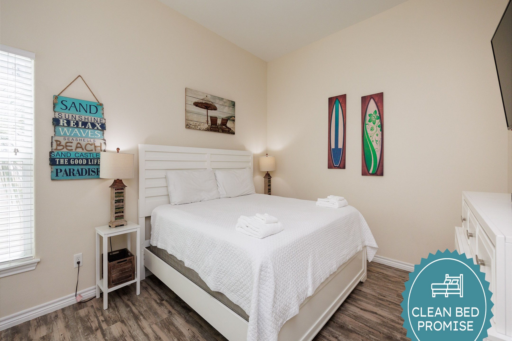 Sleep better at Padre Escapes with our exclusive Clean Bed Promise; providing fresh linens, comforters, and towels washed at high temperatures exceeding CDC recommendations, setting us apart for a truly restful vacation