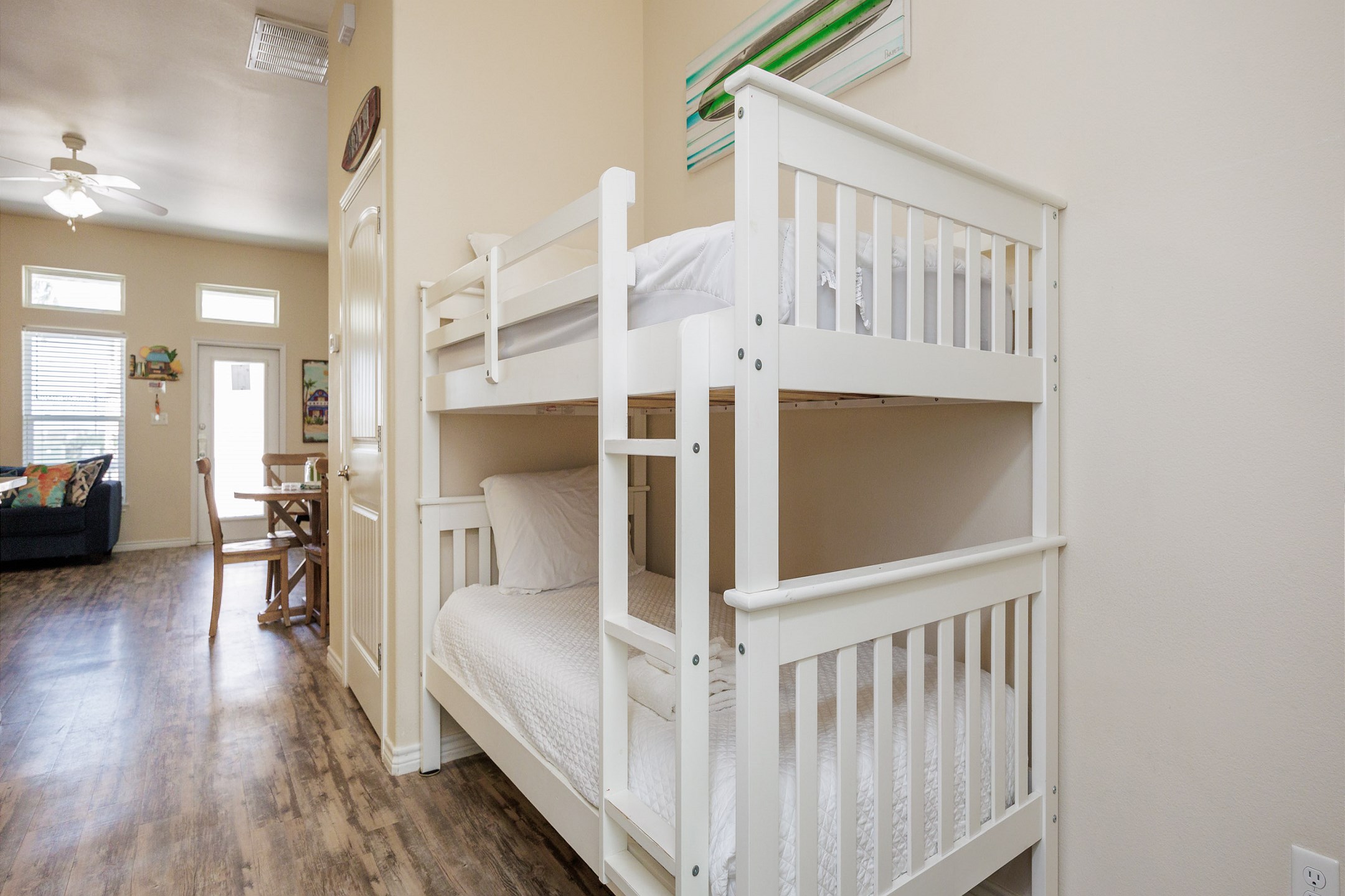Twin size bunk beds in the hallway 